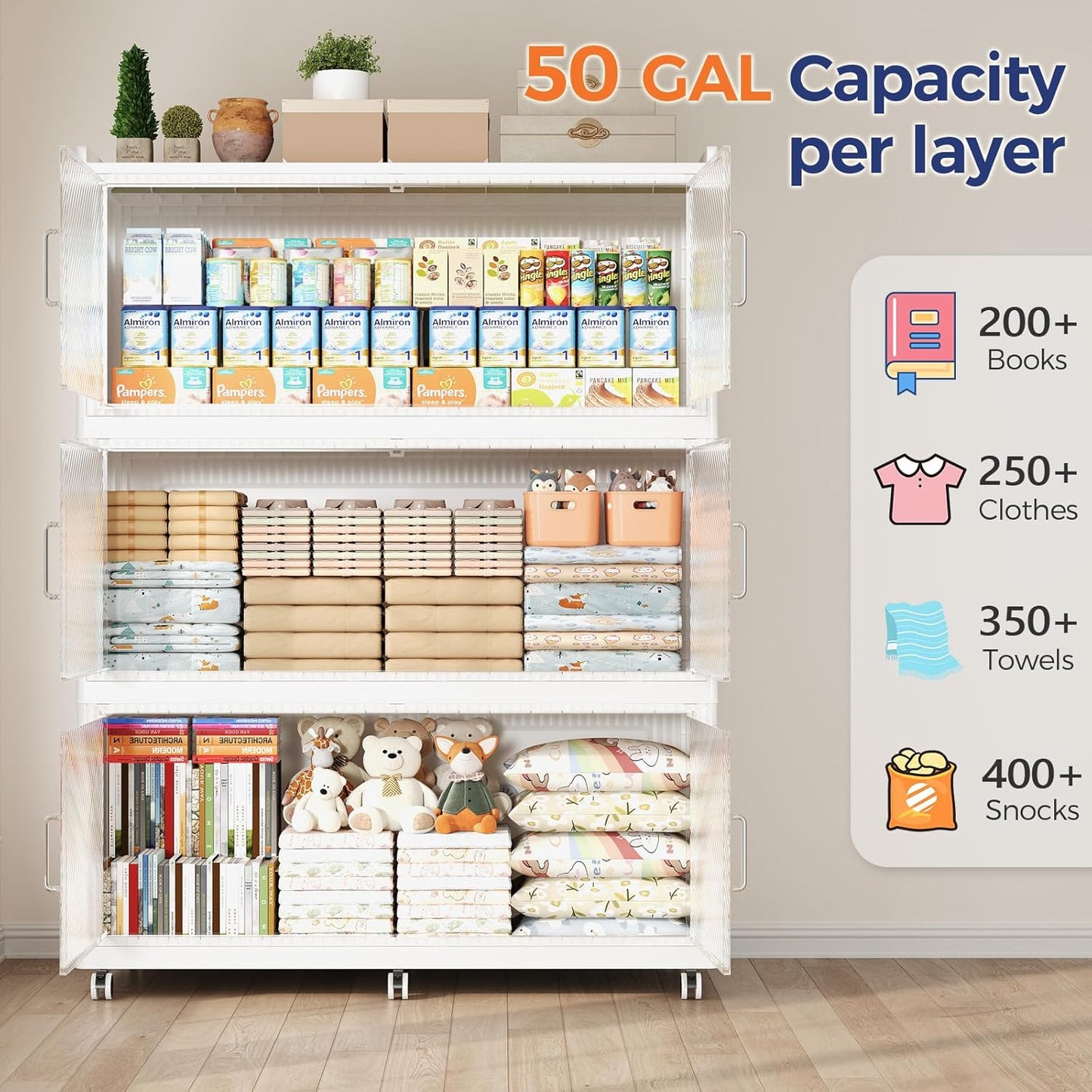 150GAL Extra Large Storage Bins with Lid, 600QT Collapsible Organizer with Wheels, Stackable Closet Cabinet with Doors, Folding Storage Containers for Home, Office, Dorm, 3Pack White