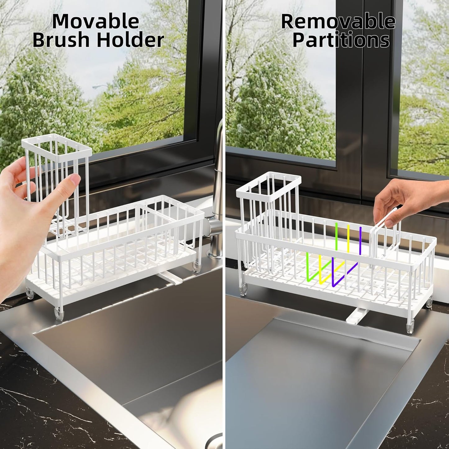 Moforoco Extra Large Kitchen Sink Caddy, Rustproof Sponge Holder for Kitchen Sink with High Brush Holder, Stainless Steel White Kitchen Caddy Sink Countertop Organizer, Sponge Caddy for Kitchen Sink
