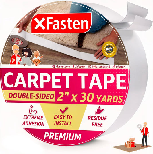 XFasten Double Sided Carpet Tape for Area Rugs, 2 Inch x 30 Yards – Heavy Duty Anti Slip Rug Grip Tape, Works as Rug Grippers, Residue Free, Wood Safe, Easy Removal for Hardwood and Laminated Floors