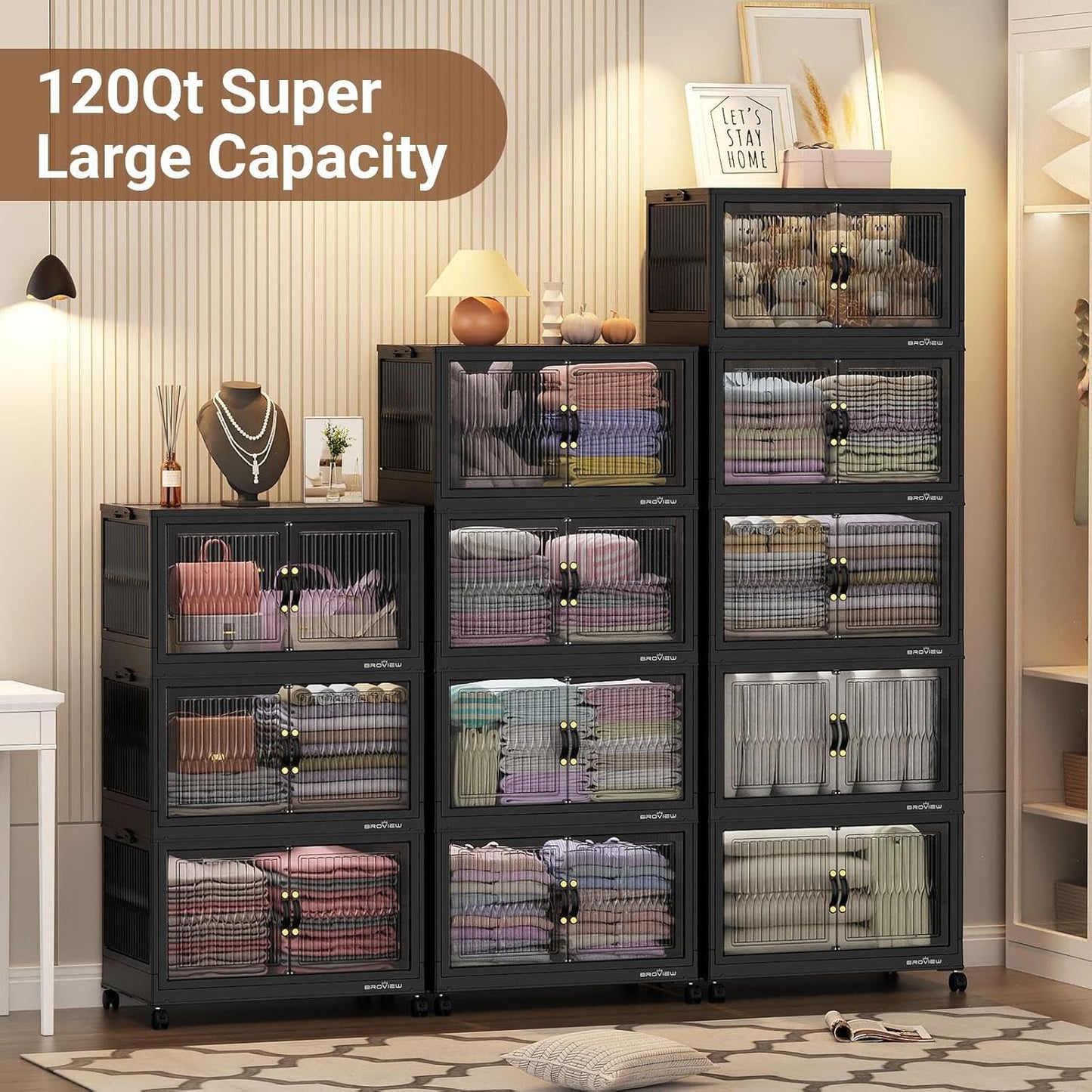 BROVIEW 360Qt Stackable Storage Bins with 3 Lids, Extra Large Closet Organizer Collapsible Drawer Boxes with Wheels, Folding Plastic Cabinet Containers for Home Kitchen Room Organization, 3Pack Black