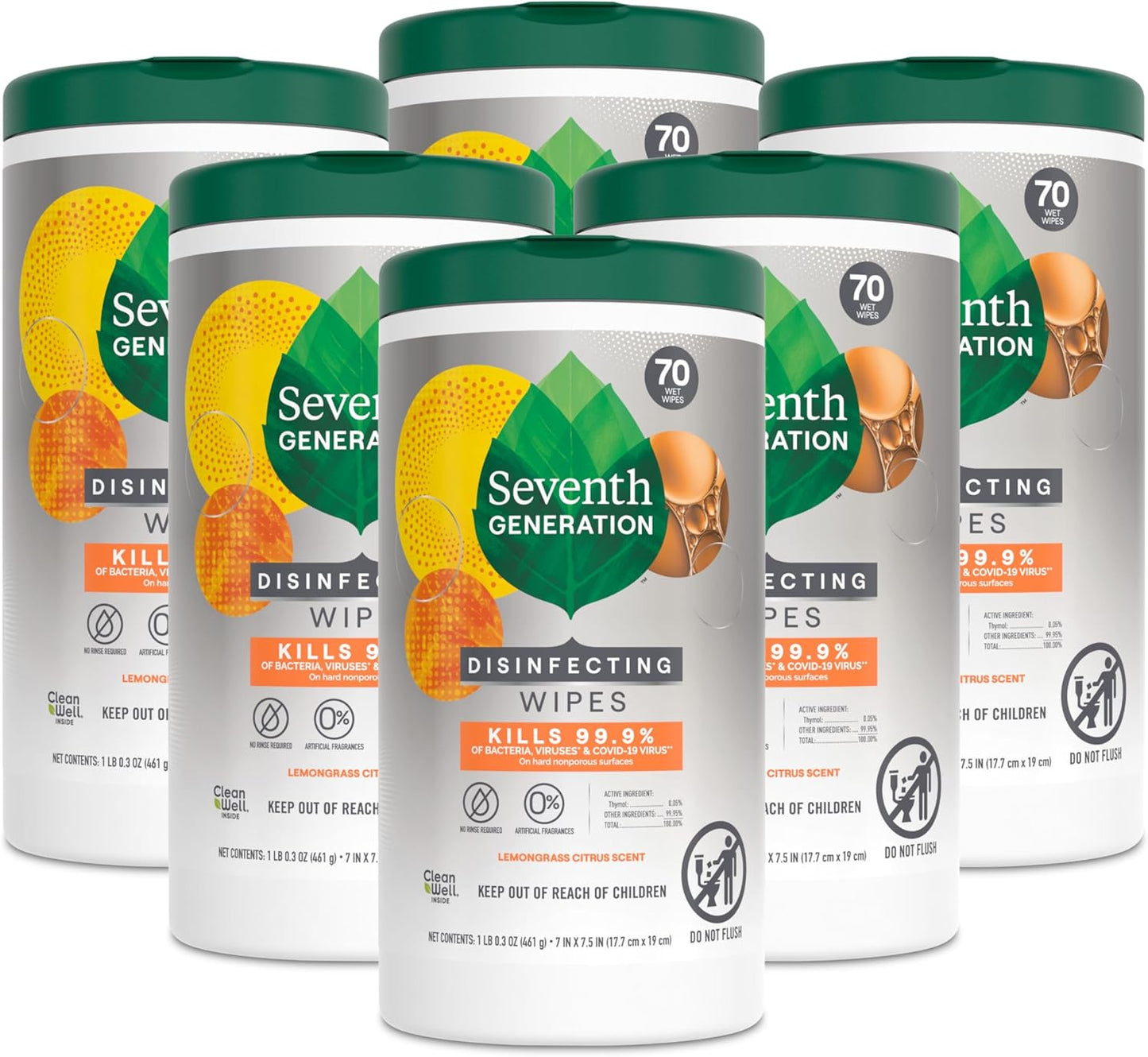 Seventh Generation Disinfecting Multi Surface Wipes, Botanical Disinfectant, 70 Count, Pack of 6