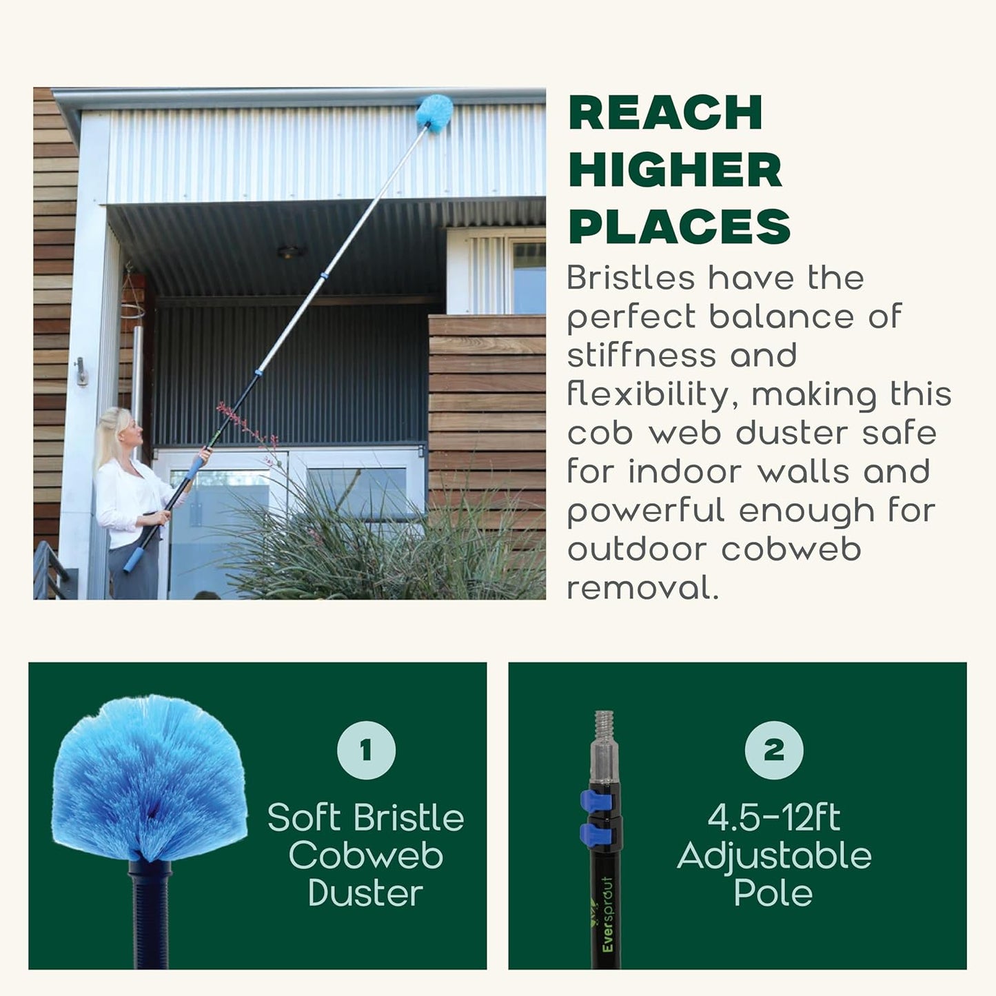 EVERSPROUT 5-to-12ft Telescoping Durable Duster with Extension Pole – Lightweight 3 Stage Cobweb Duster – Extendable to 20ft Reach for Cleaning High Ceilings and Spider Webs