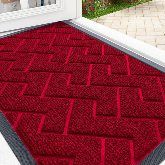 OLANLY Front Door Mat Indoor Outdoor Entrance, Waterproof All-Season, All-Weather Doormat, Sturdy Natural Rubber, Low Profile, Easy Clean Patio Porch Entryway Mat, Herringbone Brick (Wine Red, 59x35)