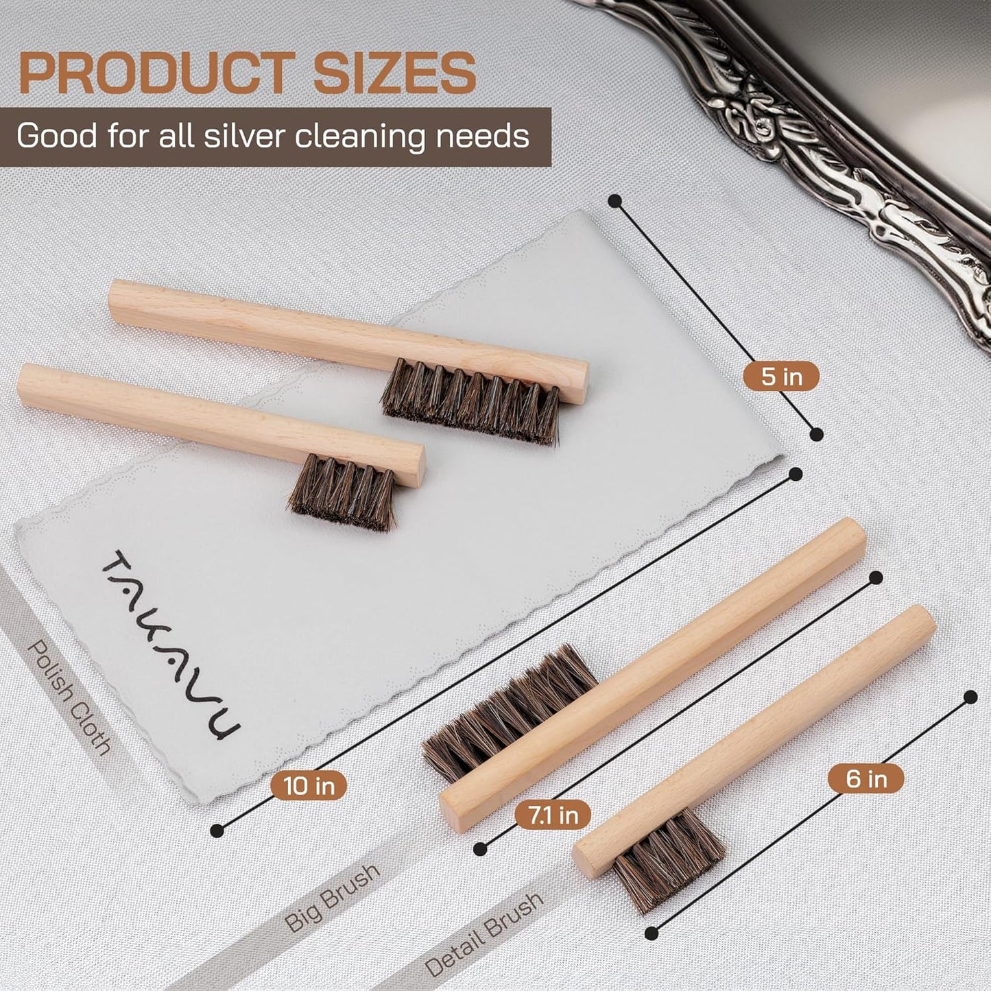 TAKAVU Horsehair Detail Brush Set, Silver Cleaning Brushes & Polish Cloth for Silverware Plateware Jewelry