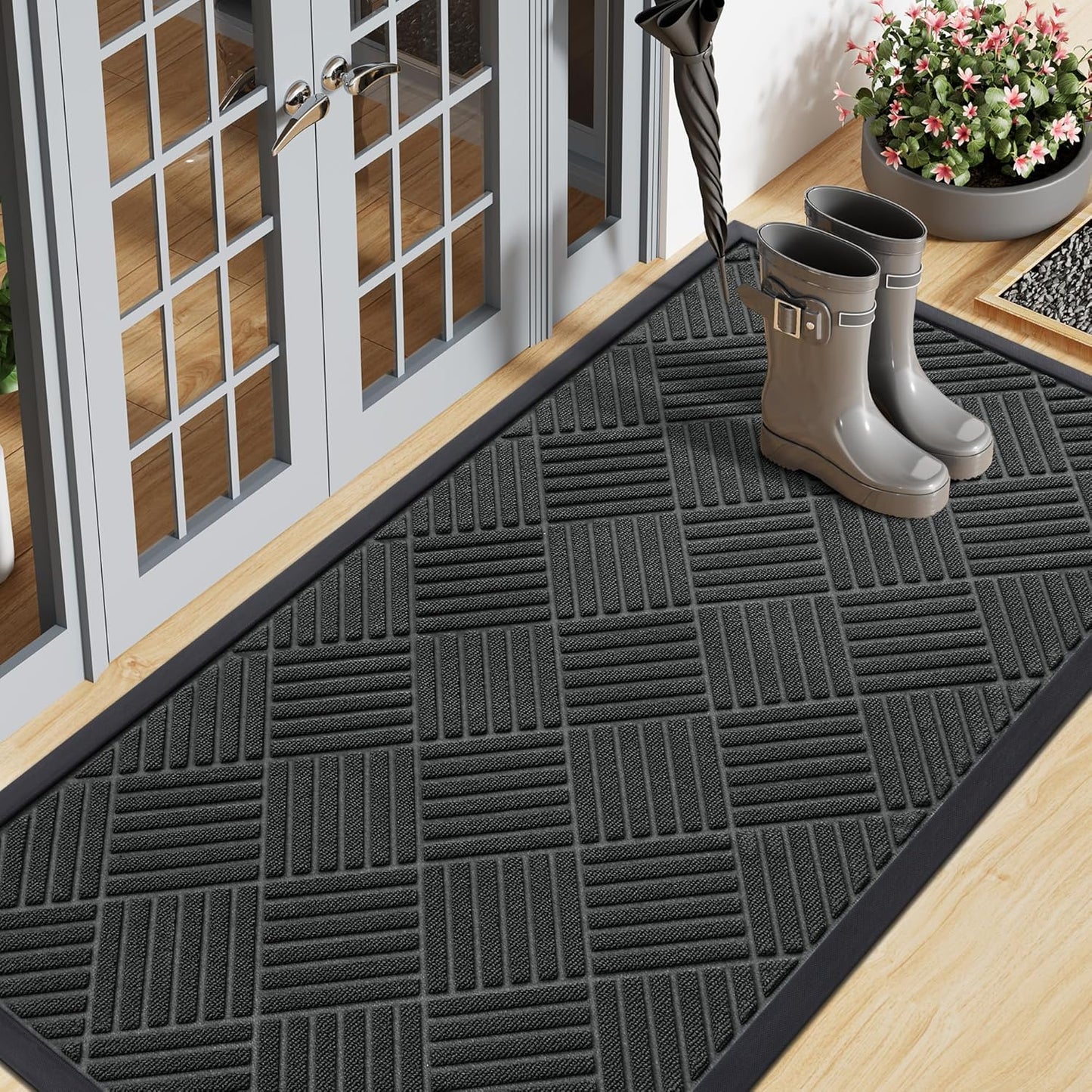 Smiry Front Door Mat Outside Entrance, Heavy Duty Outdoor Indoor Natural Rubber Doormat, Non Slip, Trap Dirt and Moisture, Easy Clean, Low Profile Patio Porch Entryway Mat, 71x23, Black