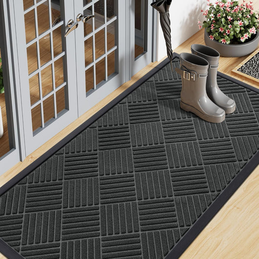 Smiry Front Door Mat Outside Entrance, Heavy Duty Outdoor Indoor Natural Rubber Doormat, Non Slip, Trap Dirt and Moisture, Easy Clean, Low Profile Patio Porch Entryway Mat, 59x20, Black