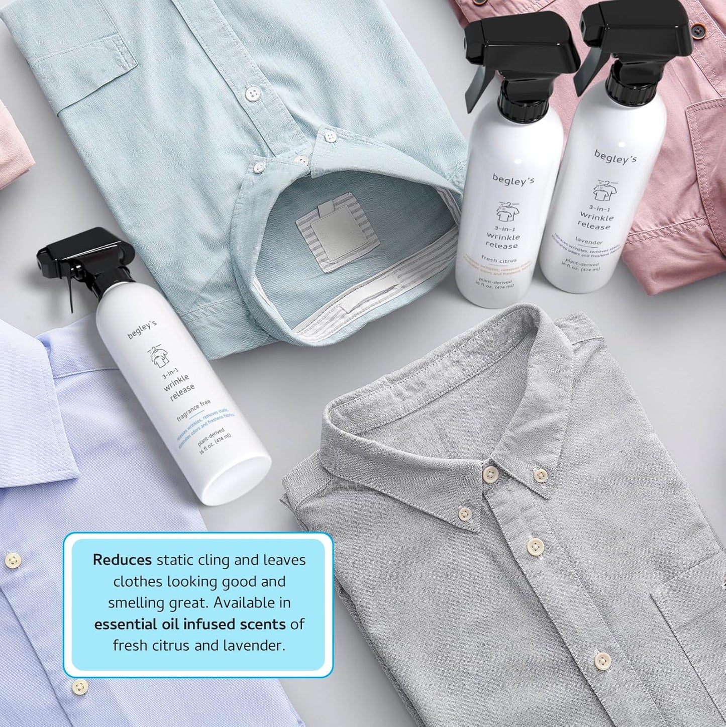 Begley's 3-in-1 Wrinkle Remover, Quick Fix Wrinkle Release, Static Cling Remover, Odor Eliminator and Fabric Refresher Spray - USDA Certified Biobased - Citrus, 16 oz, 2 Pack