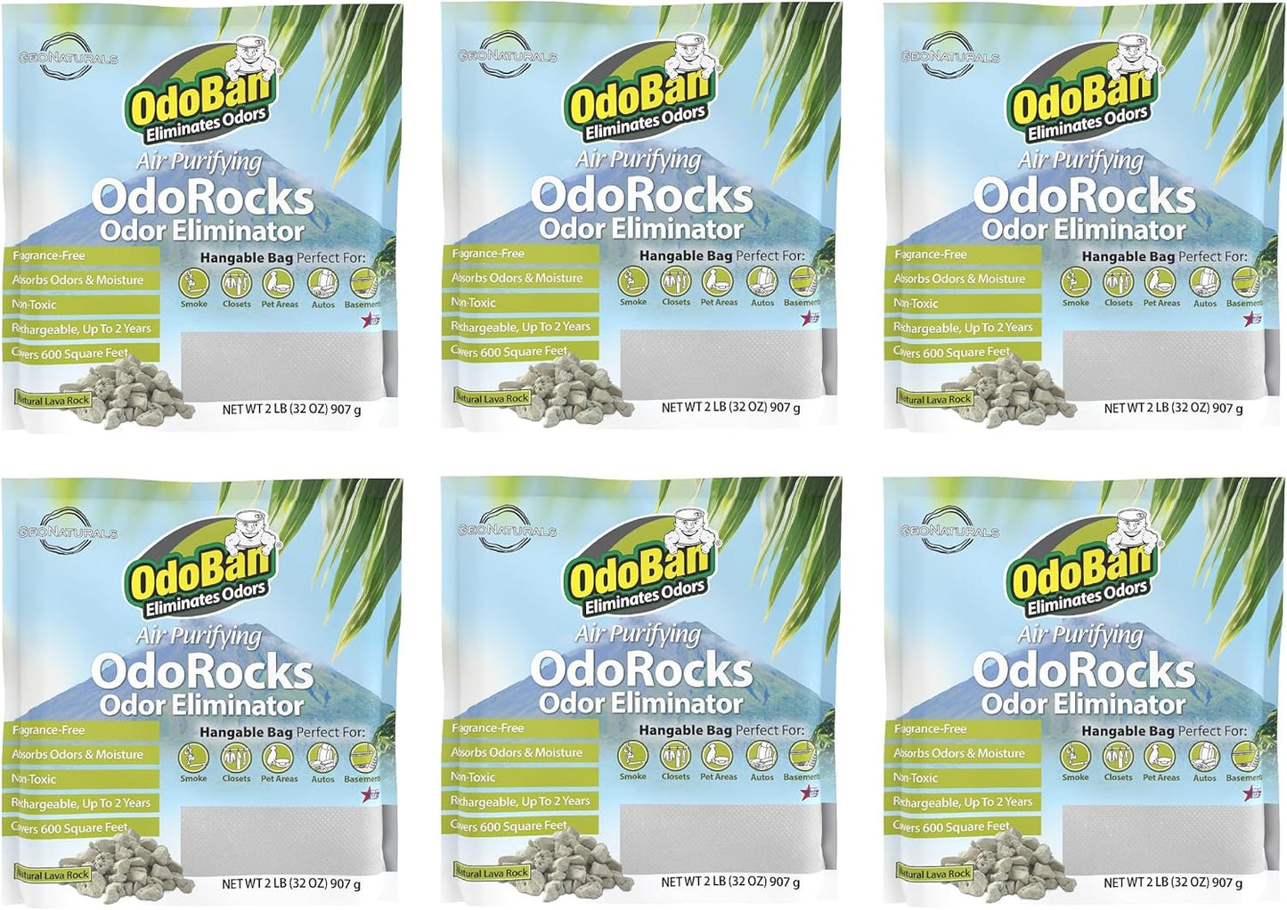 OdoBan Air Purifying OdoRocks Natural Odor Eliminator Made from Natural Volcanic Rocks, Made in the USA, Fragrance Free, 6-Pack, 2 Pounds Each