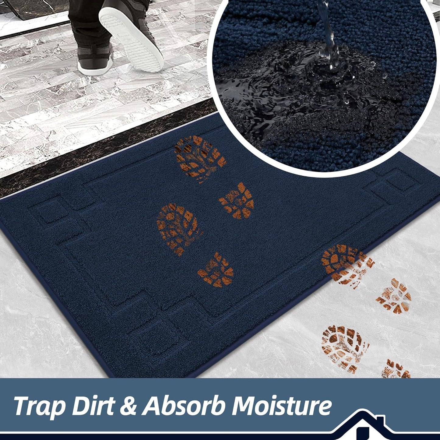 BEQHAUSE Door Mat 20" x 32", Non-Slip Door Mats Indoor Entryway Rugs Washable Low-Profile Absorbent and Stain Resist Floor Mats, Dog Door Mat for Front Back Door, Muddy Wet Shoes & Paws, Navy Blue