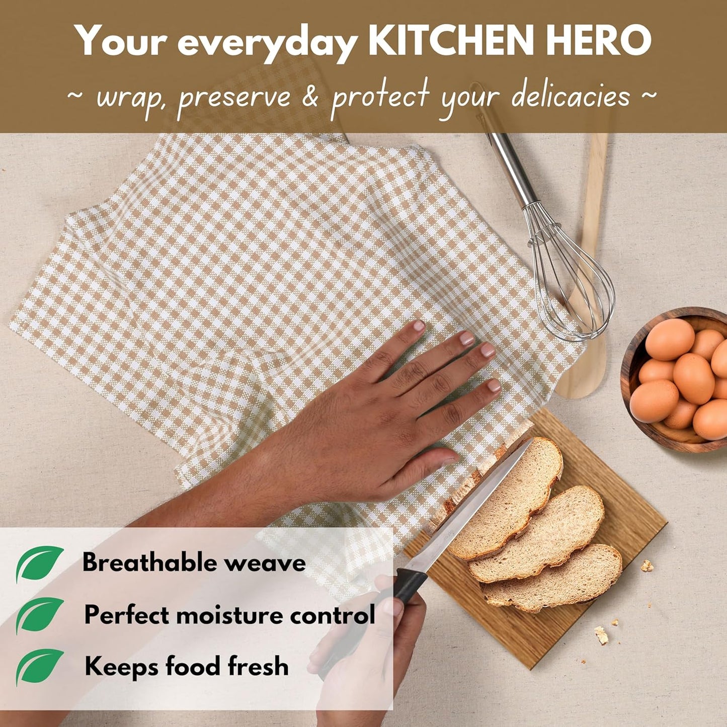 Native Fab Gingham Check Kitchen Dish Towels 16"x26" Set of 12-100% Cotton Mini Plaid Washcloths - Absorbent Dish Cloths Set, Cleaning Hand Towels with Hanging Loop - Beige White