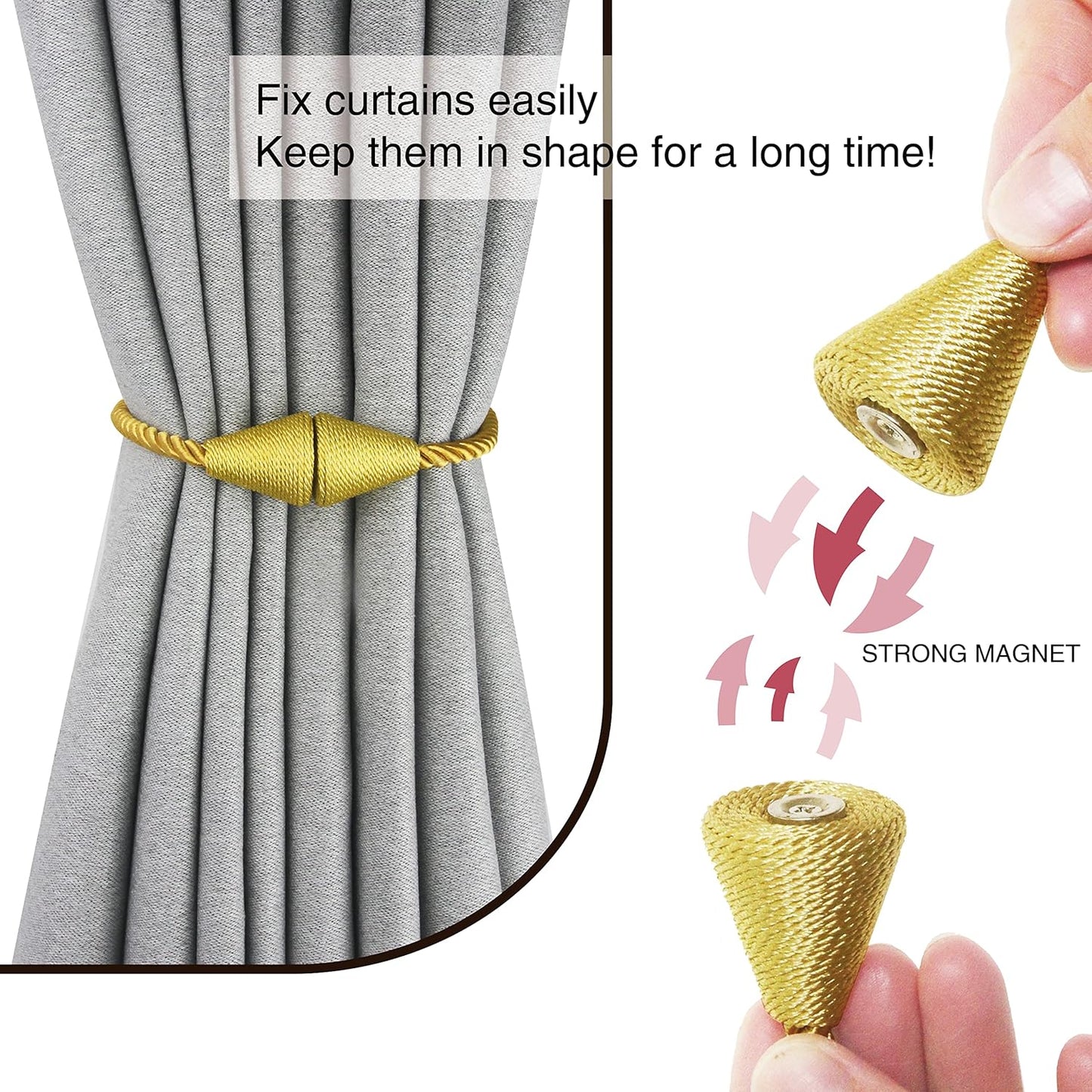 6 Pack Magnetic Curtain Tiebacks Rope Modern Handmade Curtain Tie Backs Decorative Drapes Weave Holdbacks for Window Décor, Gold