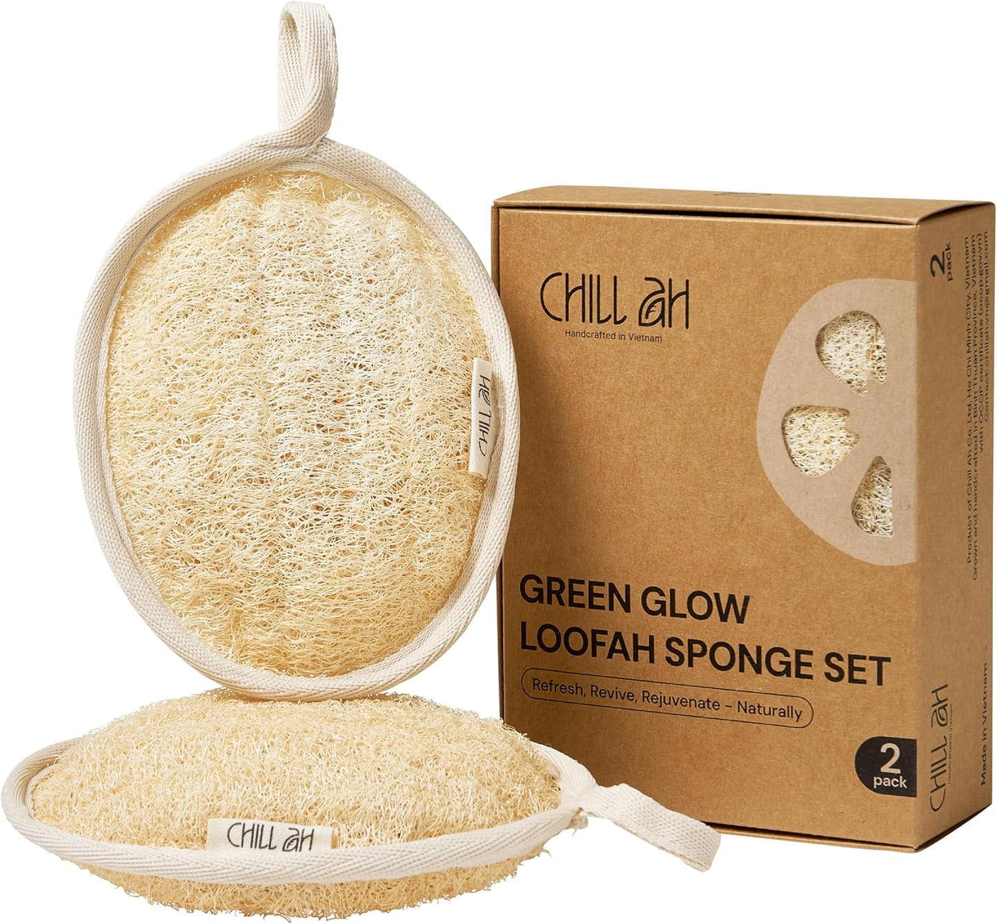 Chill Ah Green Glow All Natural Exfoliator Dual Sided Loofah Bath Sponge Set – 100% Plant-Based, dye-Free, Biodegradable, Scratch-Free, Handcrafted in Vietnam (2-Pack)