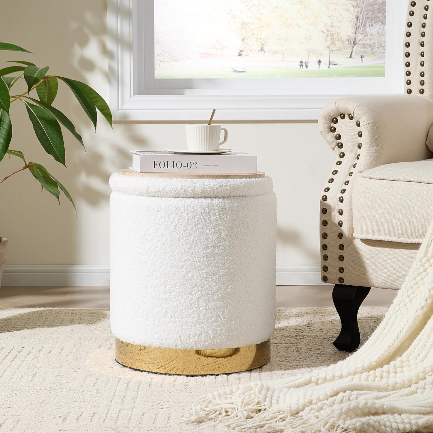Royal Windsor Boucle Round Ottoman with Storage Set of 2, Vanity Stool with Storage for Bedroom, Ottoman Coffee Table Gold-Tone Ring Around The Base, Small Foot Stool for Living Room, White