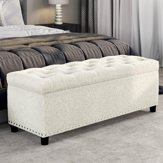 BELLEZE 47" Storage Ottoman, Storage Bench with Safety Close Hinge, Linen Button-Tufted Ottoman for Living Room, Entryway, Hallway, Foot Rest, Support 300lbs - White