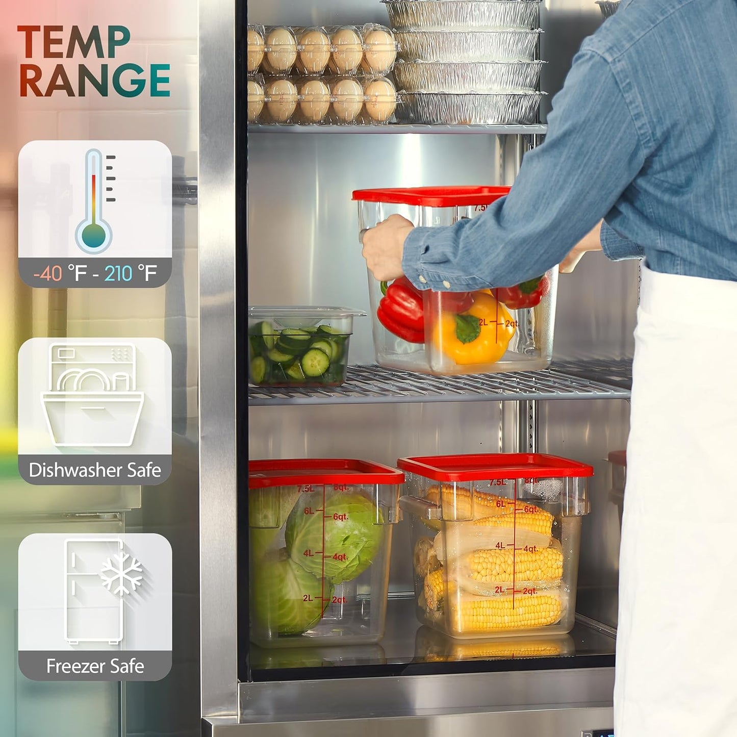 CURTA 4 Pack Food Storage Containers with Blue Lids - NSF Listed Commercial Grade in 18.0 Qt - Square, Clear, Polycarbonate