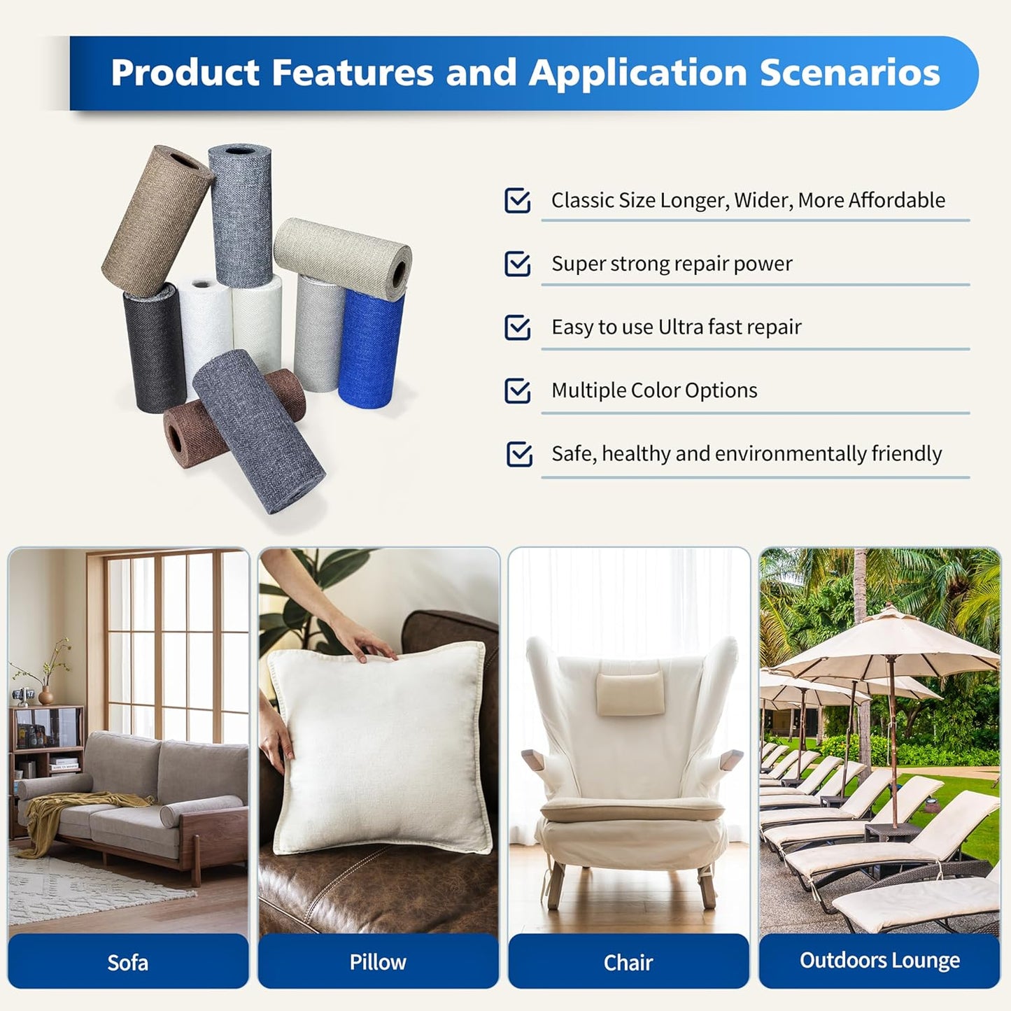 KING MOUNTAIN Linen Repair Patches, Self-Adhesive Fabric Patches, 4 X 63 inch Extra Size, Multi Color, Can be Used for Sofa Repair and Linen Clothes Repair (White)