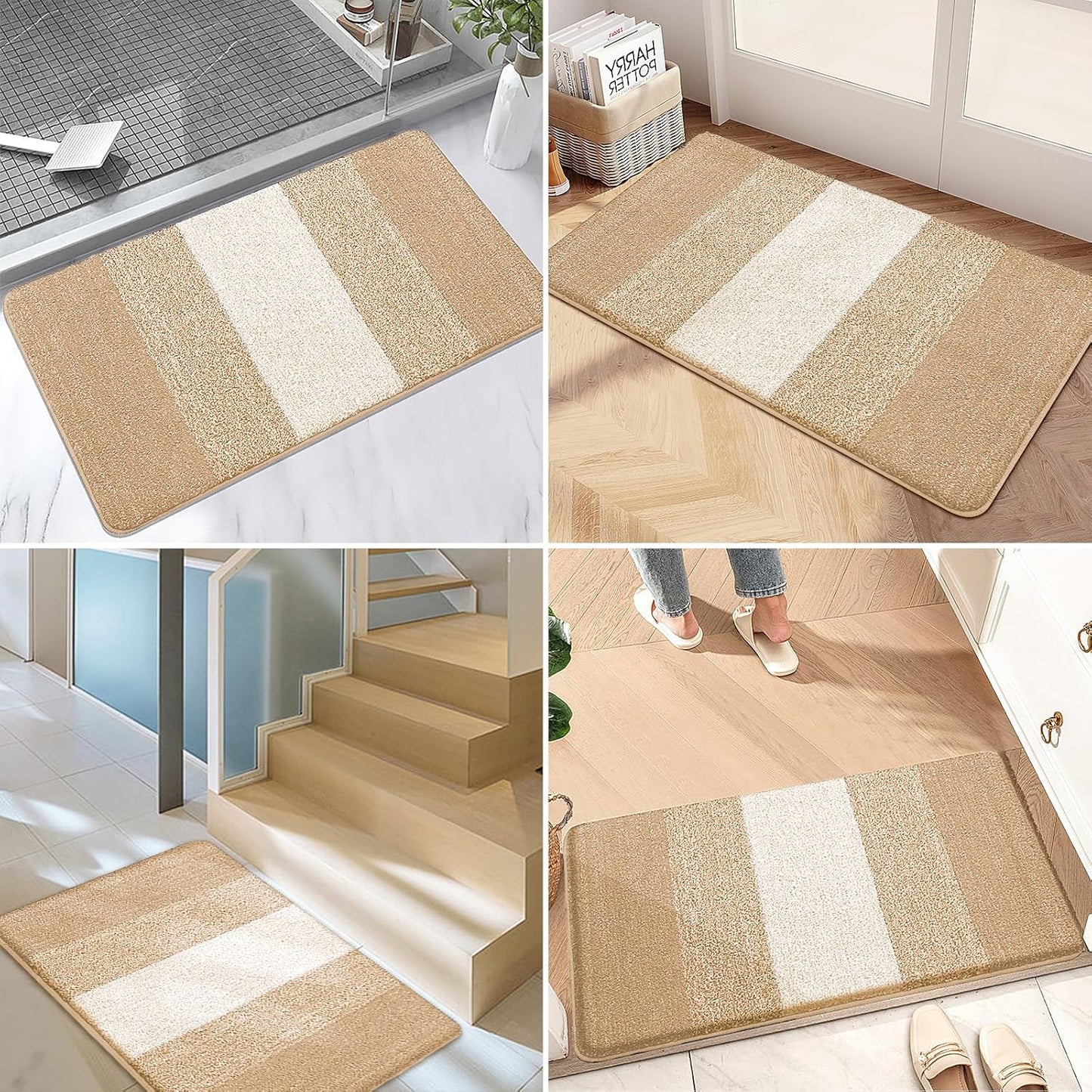 Kitinjoy Indoor Outdoor Door Mat, 48x32 Non-Slip Absorbent Dirt Trapper, Low-Profile Washable Inside Entrance Front Floor Mat, Sturdy Soft Entry Doormats for Entryway, Beige