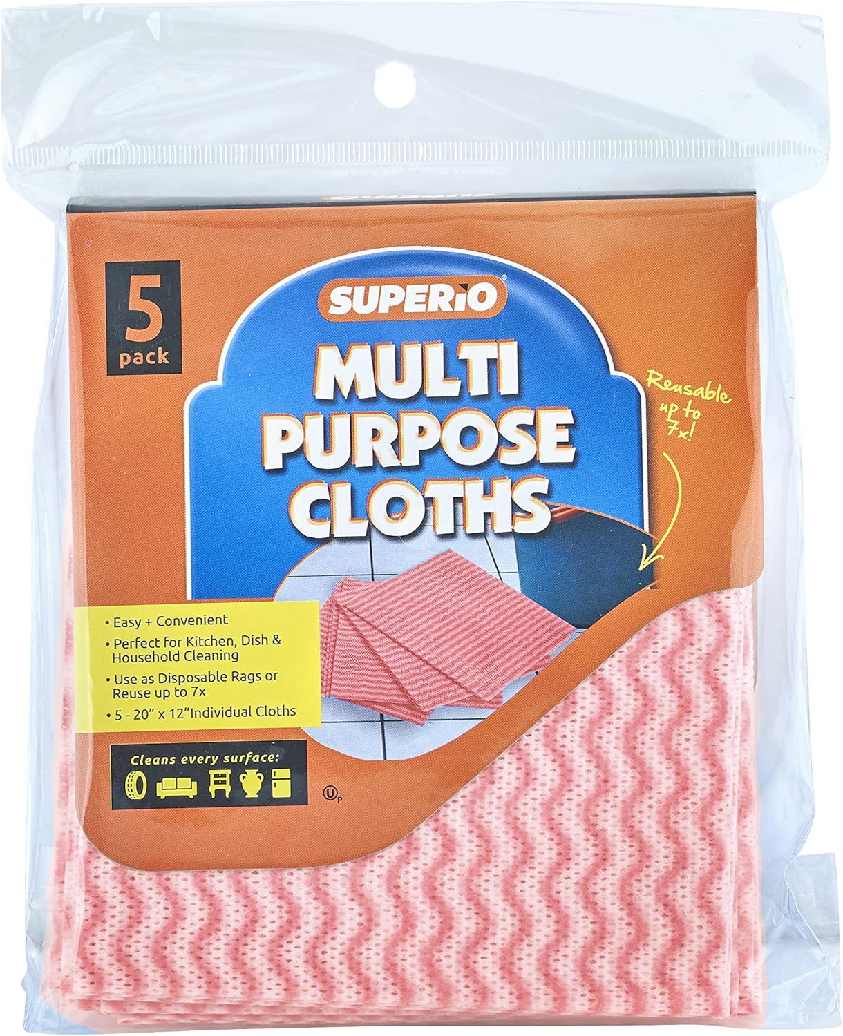 Superio Handy Wipes For Kitchen - Red Reusable Multi-Purpose Heavy-Duty Cleaning cloth for house, Bathroom, and office. Disposable Dish Towel (5)