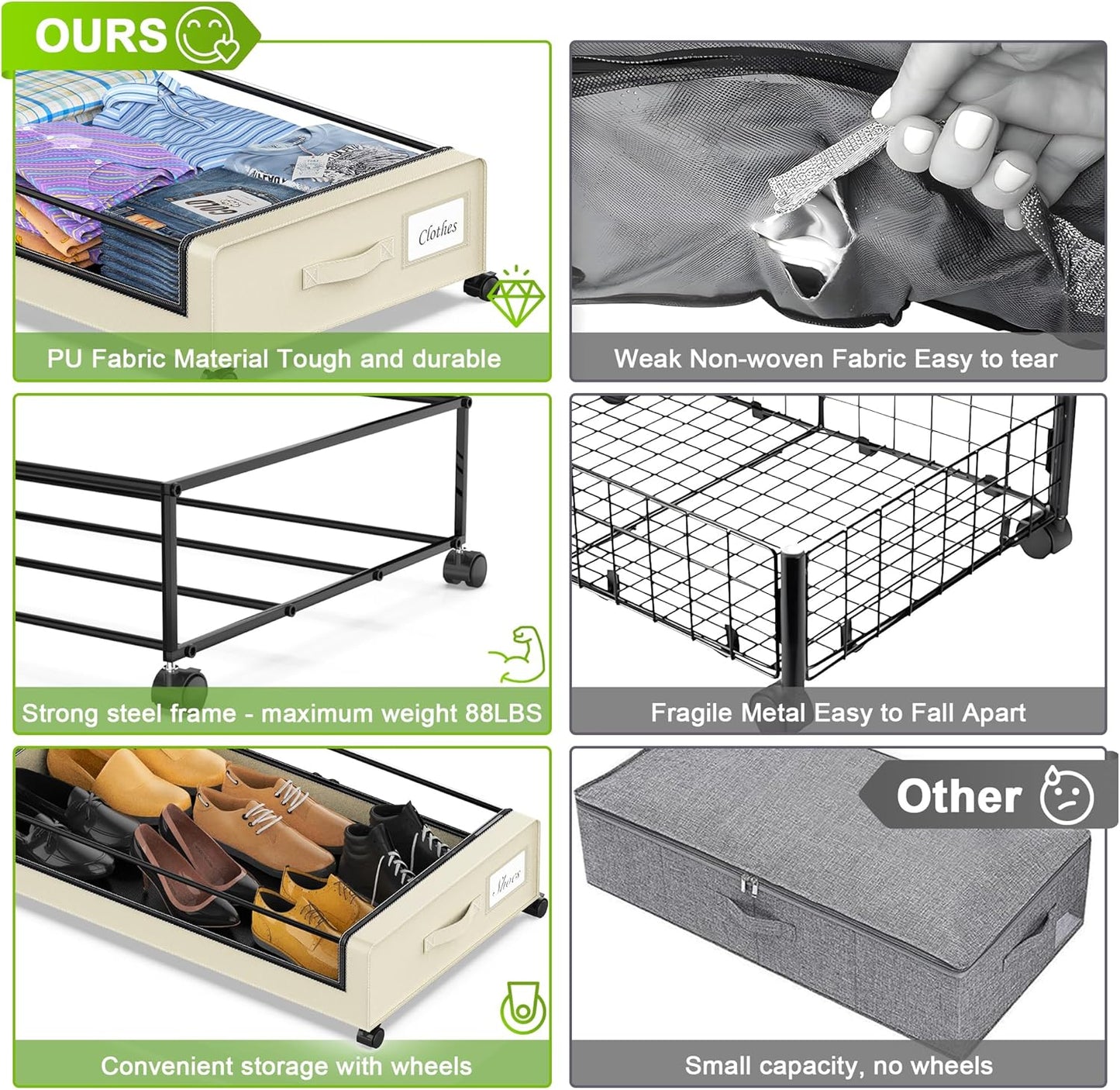 Under Bed Storage with Wheels, Under the Bed Storage Containers with Clear Lids & Label, Underbed Storage Bins, XXL 60L Rolling Metal Drawer for Clothes, Shoes, Toys, Books (4-Pack Beige)