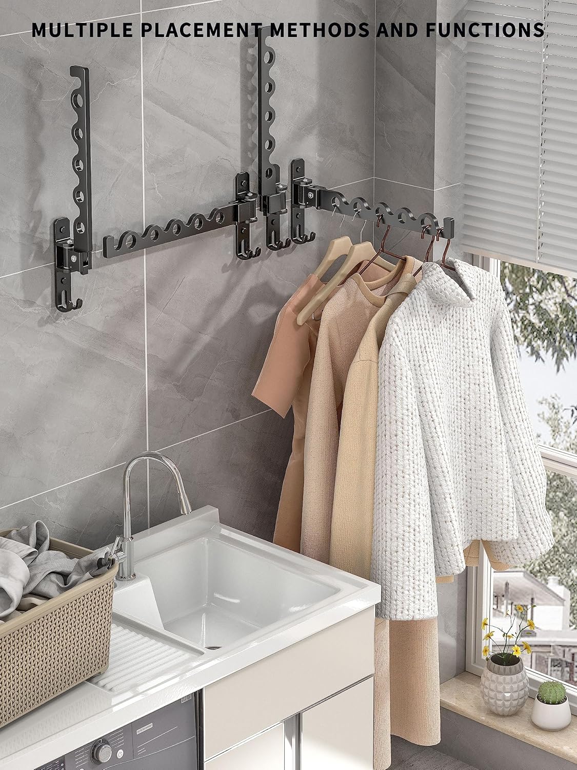 Dr.DJ Wall Hanger for Clothes, Coat Hanger Wall Mounted Matte Black Retractable Clothes Drying Organizer Rack Garment Hooks Aluminium Folding Indoor Wall Space Saver (2 Racks) Black