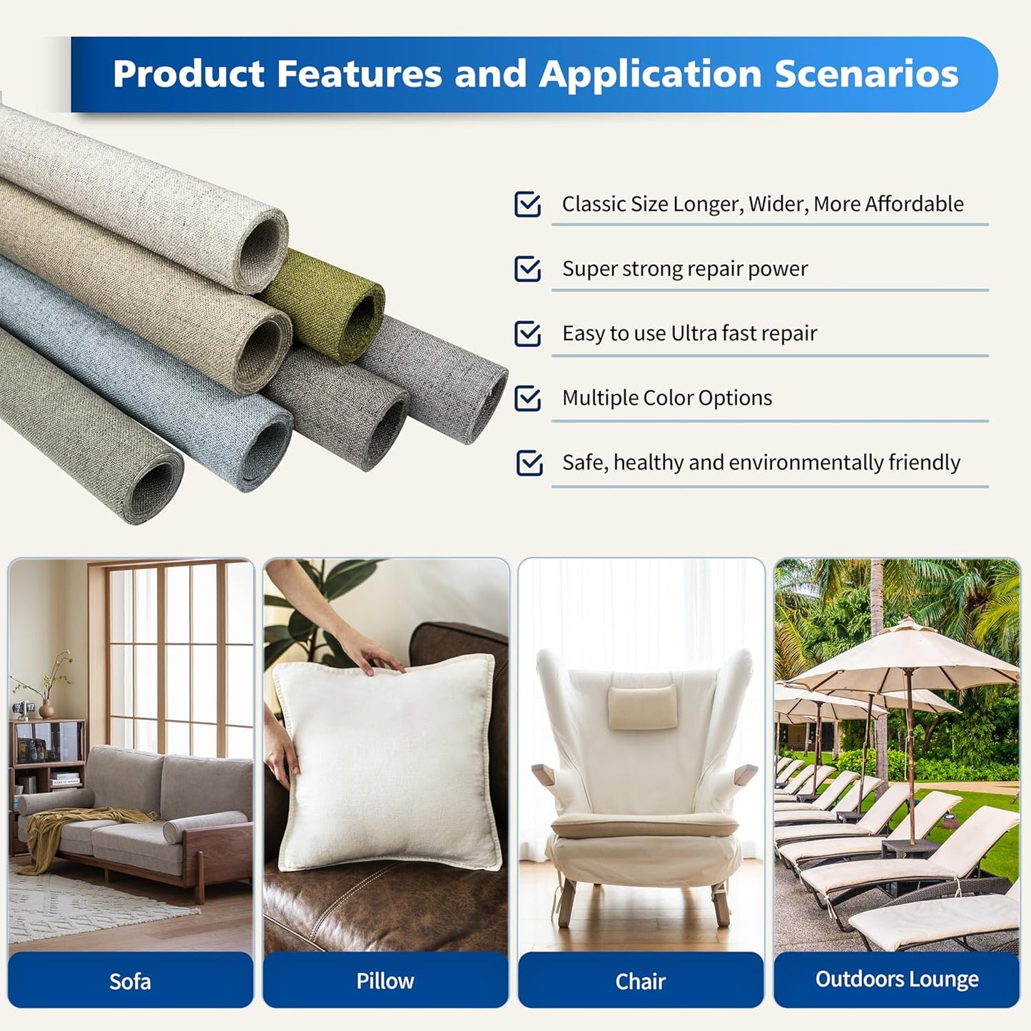 KING MOUNTAIN Linen Repair Patches, Self-Adhesive Linen Fabric Patches, 16X80 inch Extra Size, Multi Color, Can be Used for Linen Sofa Repair and Linen Clothes Repair (White)