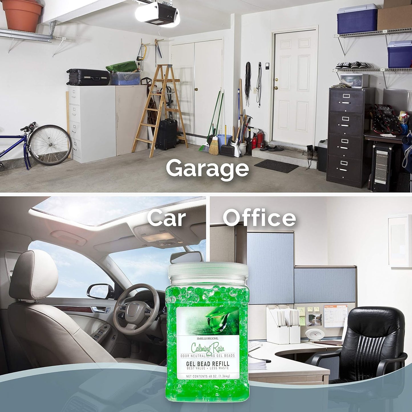 SMELLS BEGONE 48 oz Odor Eliminator Gel Bead Refill - Odor Eliminator for Bathrooms, Cars, Boats, RVs & Pet Areas - Made with Essential Oils - Calming Rain Scent