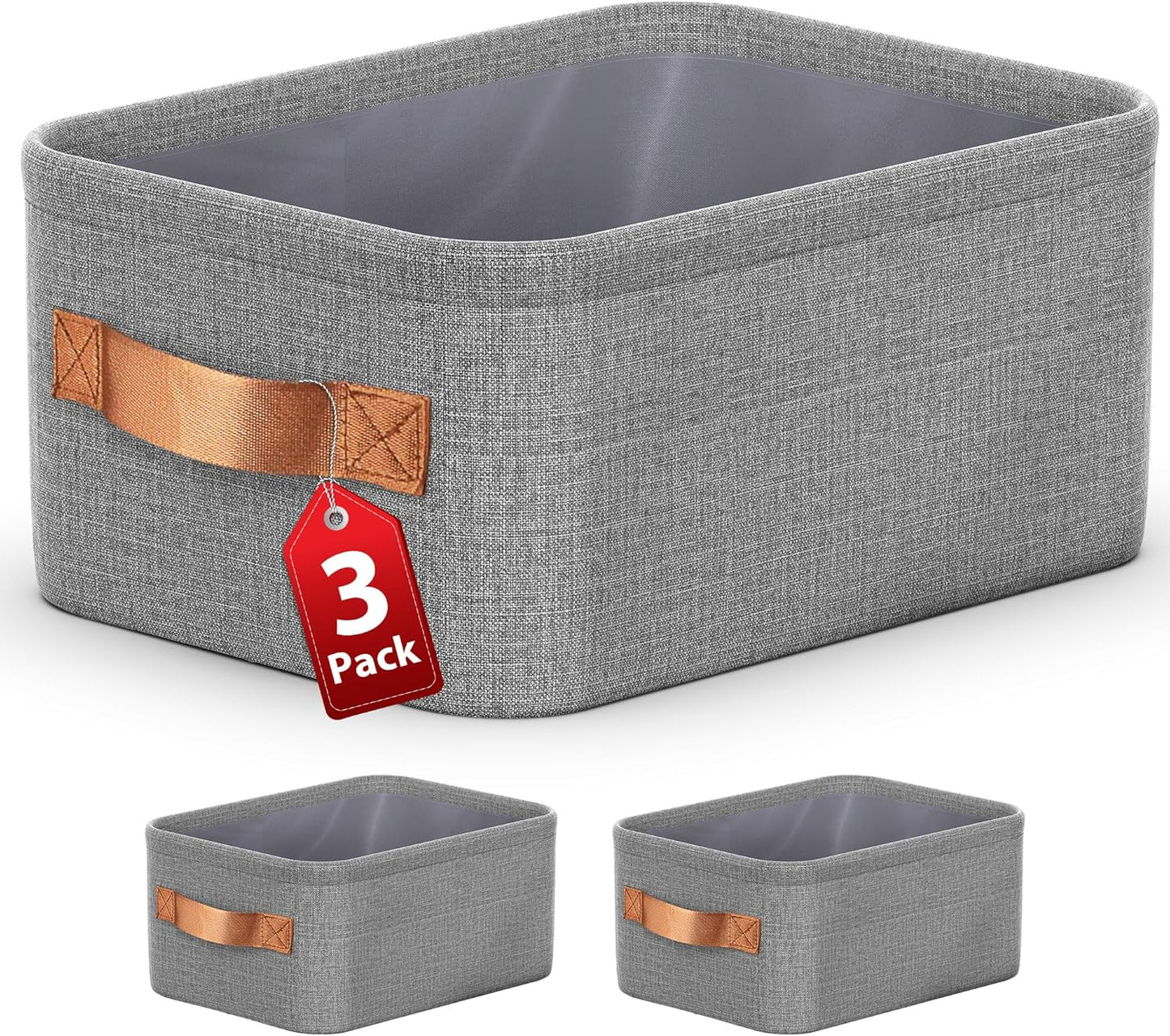 Large Storage Baskets for Shelves 3 Packs, Fabric Storage Bins for Shelves with Handles, 13.8'' L ×10.2'' W × 6.7'' H Collapsible Baskets for Organizing Clothes, Toy, Grey