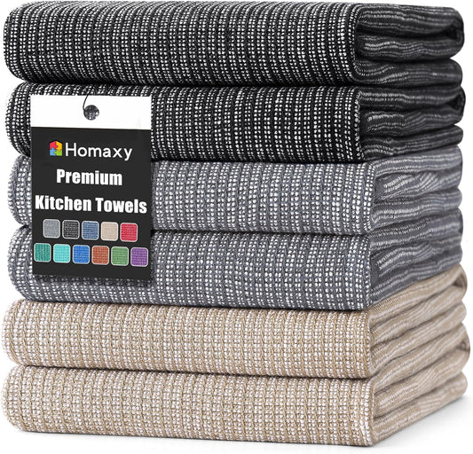 Homaxy Premium Kitchen Towels(18”x 28”, 6 Pack), Large Cotton Kitchen Hand Towels, Flat and Terry Dish Towels, 380 GSM Highly Absorbent Tea Towel Set with Hanging Loop, Grey/Khaki/Black