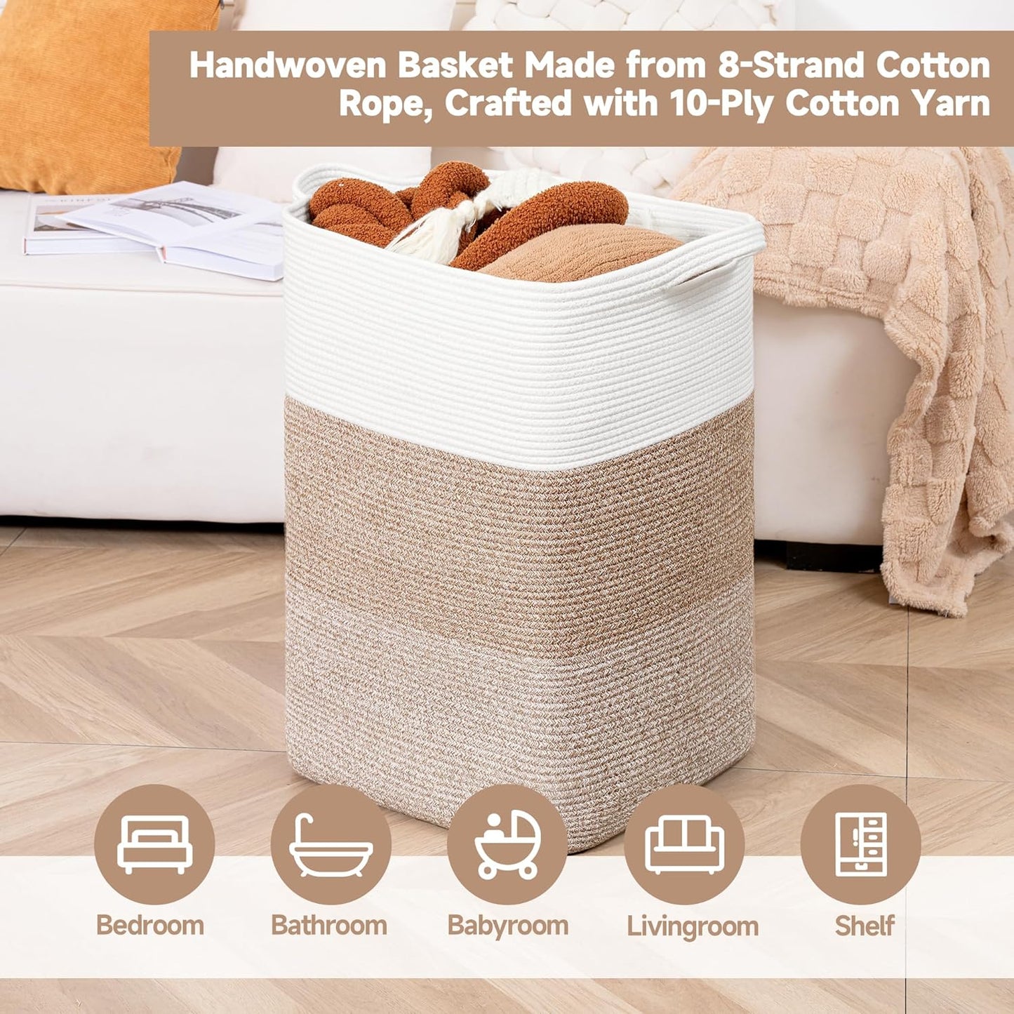 CLHMILY&Z 95L Laundry Basket Rectangular Brown Rope - 16x15x24 Inches - Dirty Clothes and Soft Storage Bin for Blankets, Toys, and Nursery Essentials