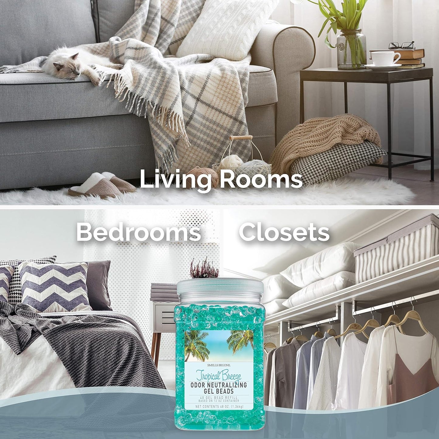 SMELLS BEGONE 48 oz Odor Eliminator Gel Bead Refill - Eliminates Odors in Bathrooms, Cars, Boats, RVs & Pet Areas - Air Freshener - Made with Essential Oils - Tropical Breeze Scent