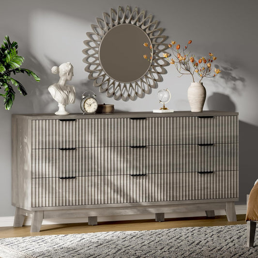 Fluted Dresser with 9 Drawers, 63" Wide Modern Chest of Drawers with Metal Handle, Wooden Dresser TV Stand, Wood Closet Clothes Storage Organizer for Bedroom, Living Room, Hallway, Light Grey