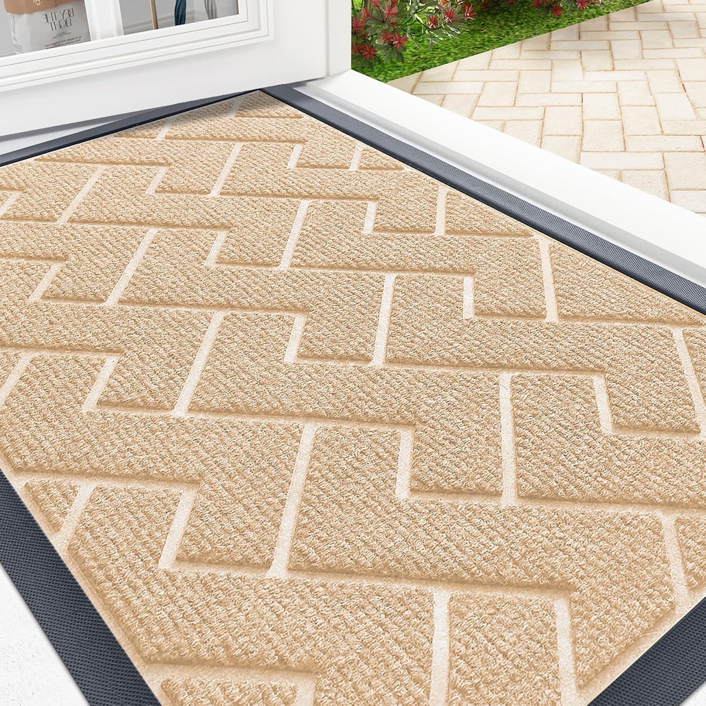 OLANLY Front Door Mat Indoor Outdoor Entrance, Waterproof All-Season, All-Weather Doormat, Sturdy Natural Rubber, Low Profile, Easy Clean Patio Porch Entryway Mat, Herringbone Brick (Beige, 71x47)