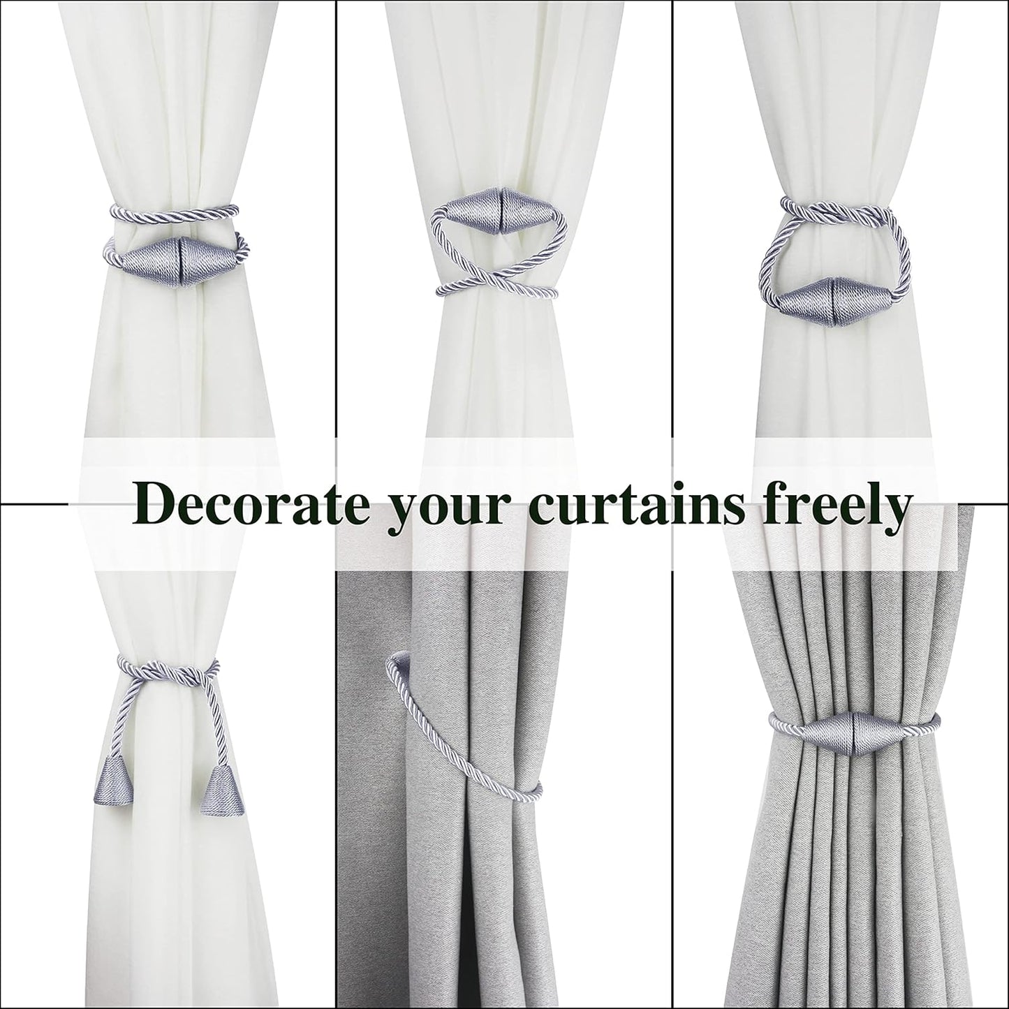 6 Pack Magnetic Curtain Tiebacks Rope Modern Handmade Curtain Tie Backs Decorative Drapes Weave Holdbacks for Window Décor, Grey