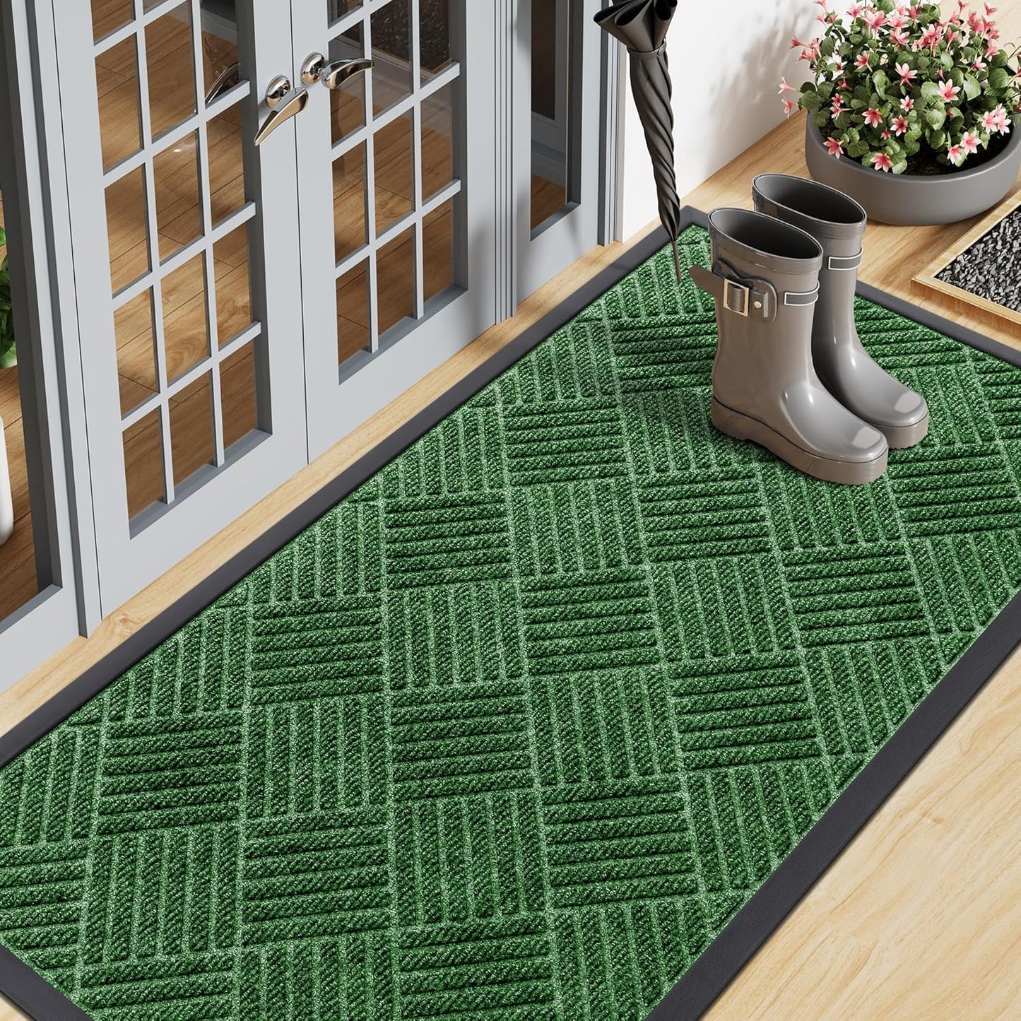 Smiry Front Door Mat Outside Entrance, Heavy Duty Outdoor Indoor Natural Rubber Doormat, Non Slip, Trap Dirt and Moisture, Easy Clean, Low Profile Patio Porch Entryway Mat, 47x23, Green