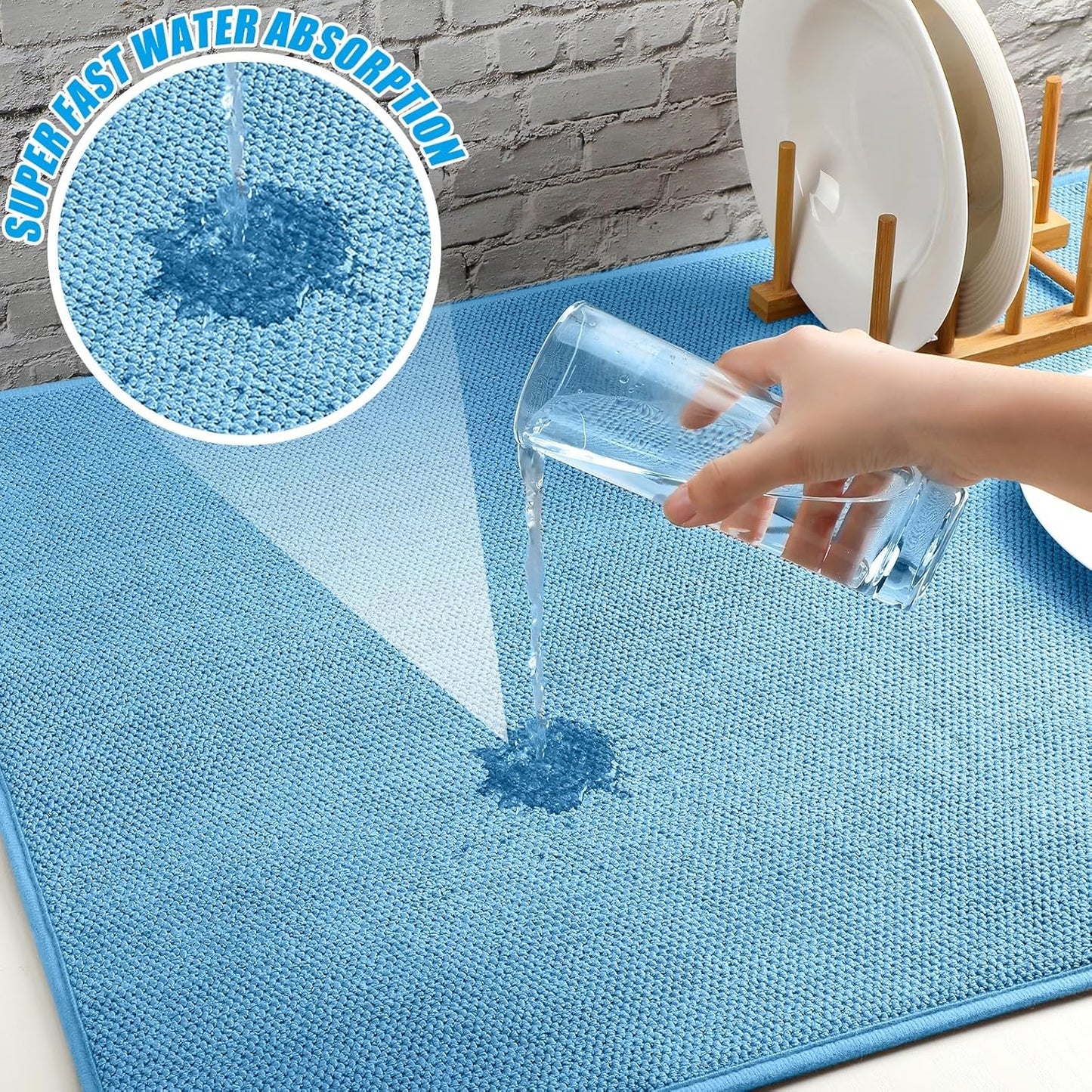 Hushee 2 Pack Extra Large Dish Drying Mat Microfiber Absorbent Dish Drying Pad Large Size Dishes Drainer Mats for Countertop, Sink, Refrigerator or Dryer (30 x 24 Inch,Blue)