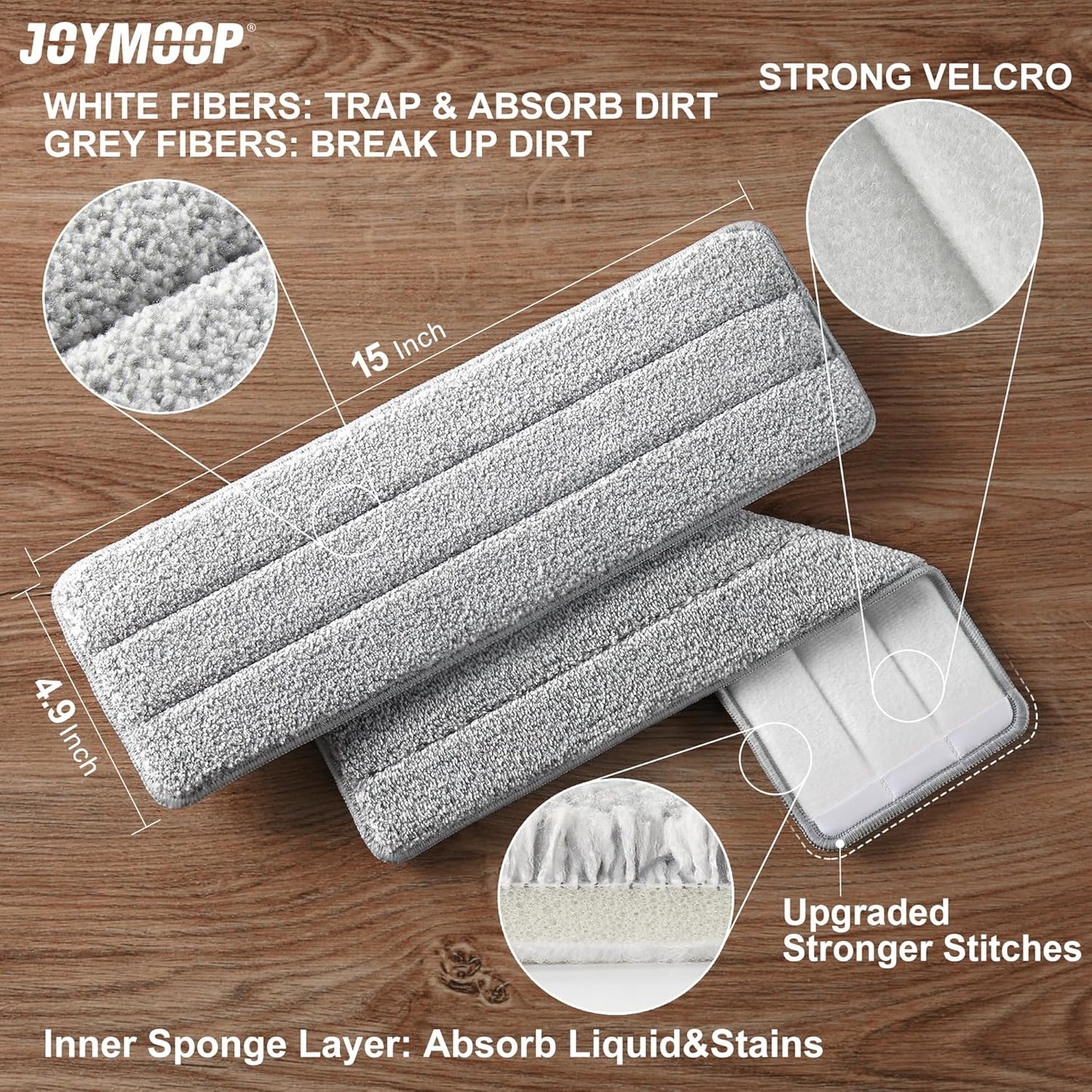 JOYMOOP Flat Mop Pads, Microfiber Mop Cleaning Pads, Washable Pads, Pads Replacement Flat Mop or Mop Bucket Set, Pack of 4 Refills 15inch - Grey and Stripe