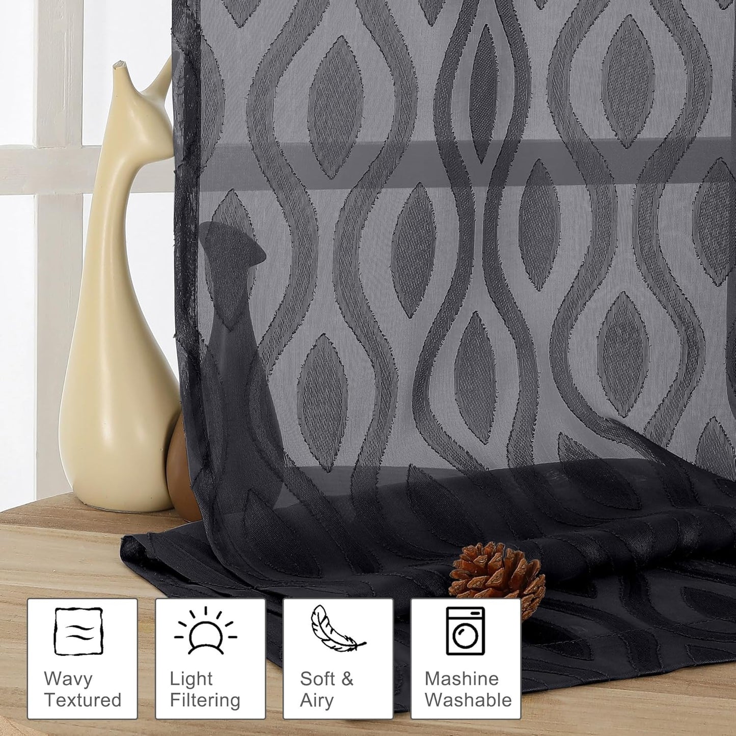 Aiyufeng Sheer Black Curtains 84 Inches Long 2 Panels, Solid Airy Light Filtering Clip Jacquard Window Treatments for Bedroom Living Room, Modern Wavy Line Rod Pocket Curtains, Total 80 inches Width