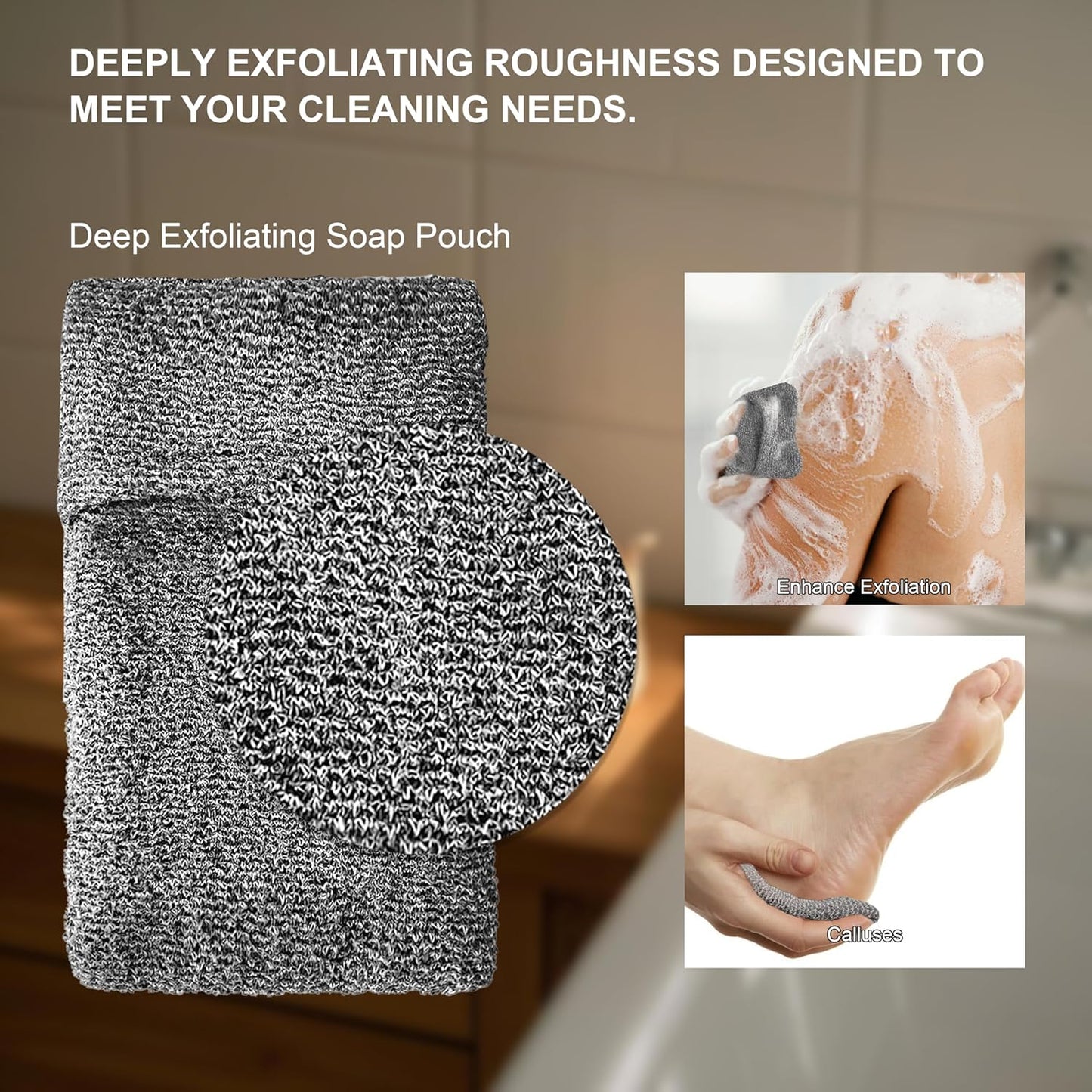 2 Pack Soap Bag Deep Roughness,Bar Soap Pouch Saver Pocket,Exfoliating Body Scrubber Shower Bath Sponge Loofah (Grey)