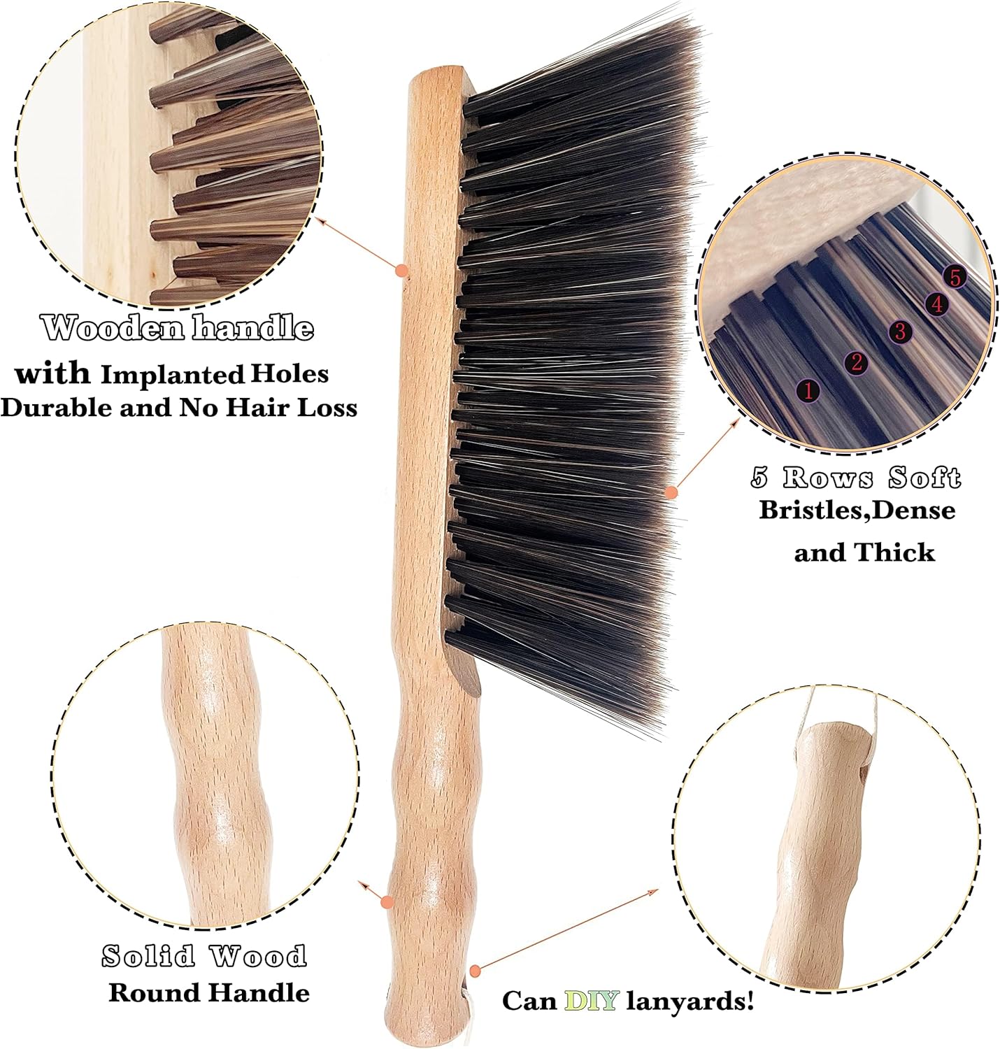 6Pcs Hand Broom Brush Beech Wood,Dust Brush,Duster for Counter,12inch Foxtail Bench Brush, Round Handle Handheld Brushes,5 Rows Soft Bristles for Bed,Shop Table,Woodworking Cleaning,Car,Sofa