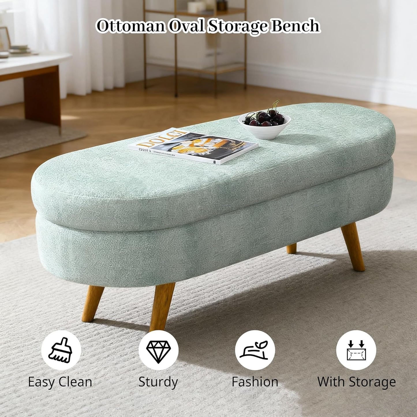 Storage Bench, 43" Storage Ottoman Bench, Shoe Storages Benches for Bedroom, Upholstered Entryway Benches with Seating, Rubber Wood Legs for Bedroom, Living Room, Entryway, Bed Side, Cyan