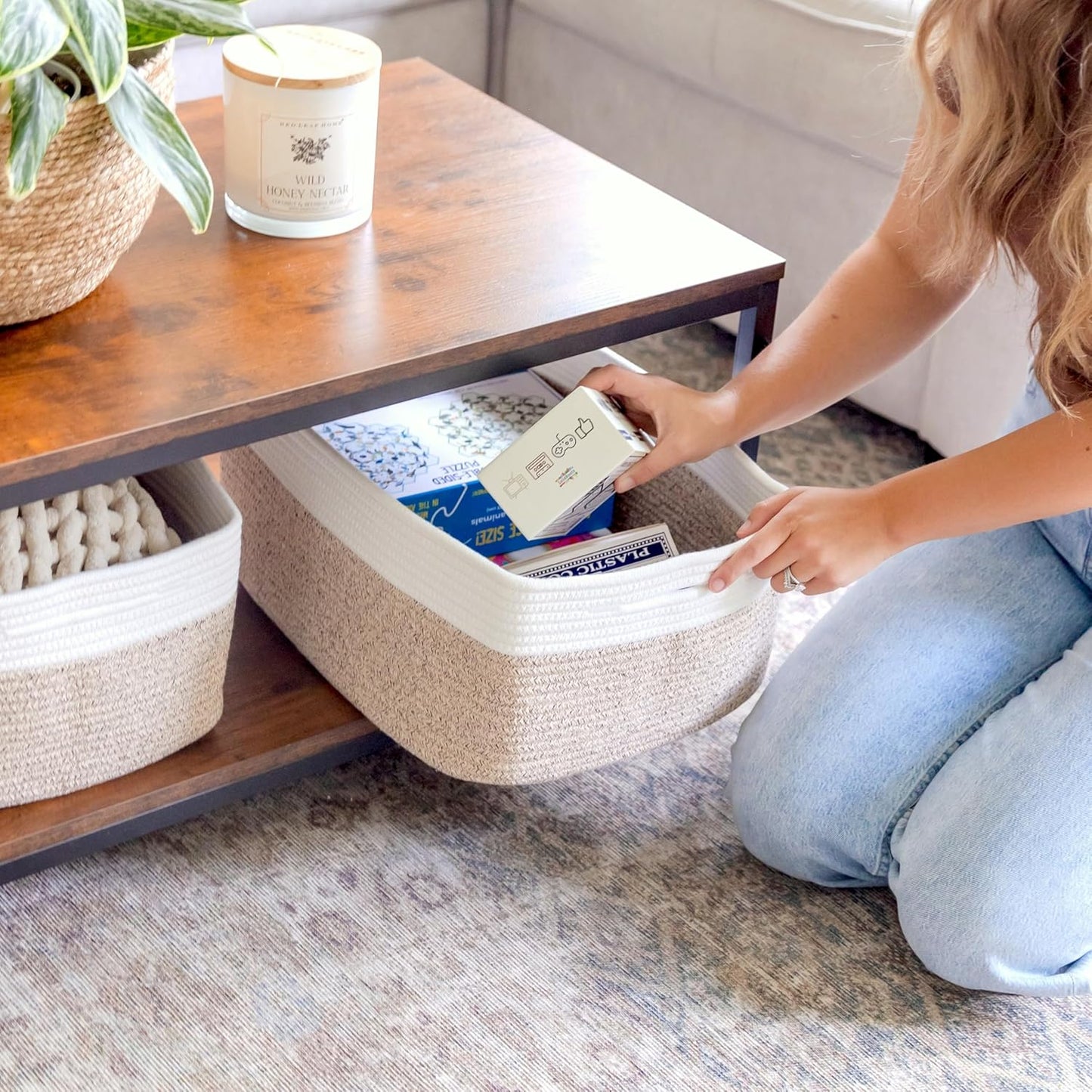 NaturalCozy Storage Baskets 16.8”x13”x7.6” Cotton Rope Woven Baskets for Organizing 3-Pack | Toy Storage Bins | Basket for Shelves, Laundry, Blanket, Clothes, Closet, Kitchen, Bathroom, Gifts