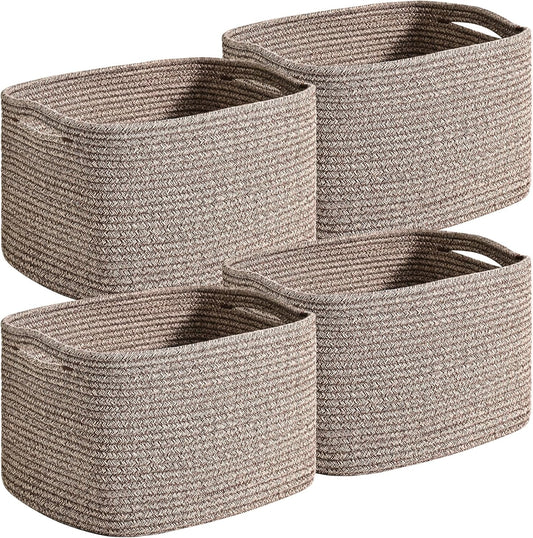 Small Storage Baskets for Organizing Shelves, Cotton Rope Basket for Storage, Cute Rectangular Book Toy Basket, 12.7"×9.1"×7.9", 4 Packs, Dark Brown