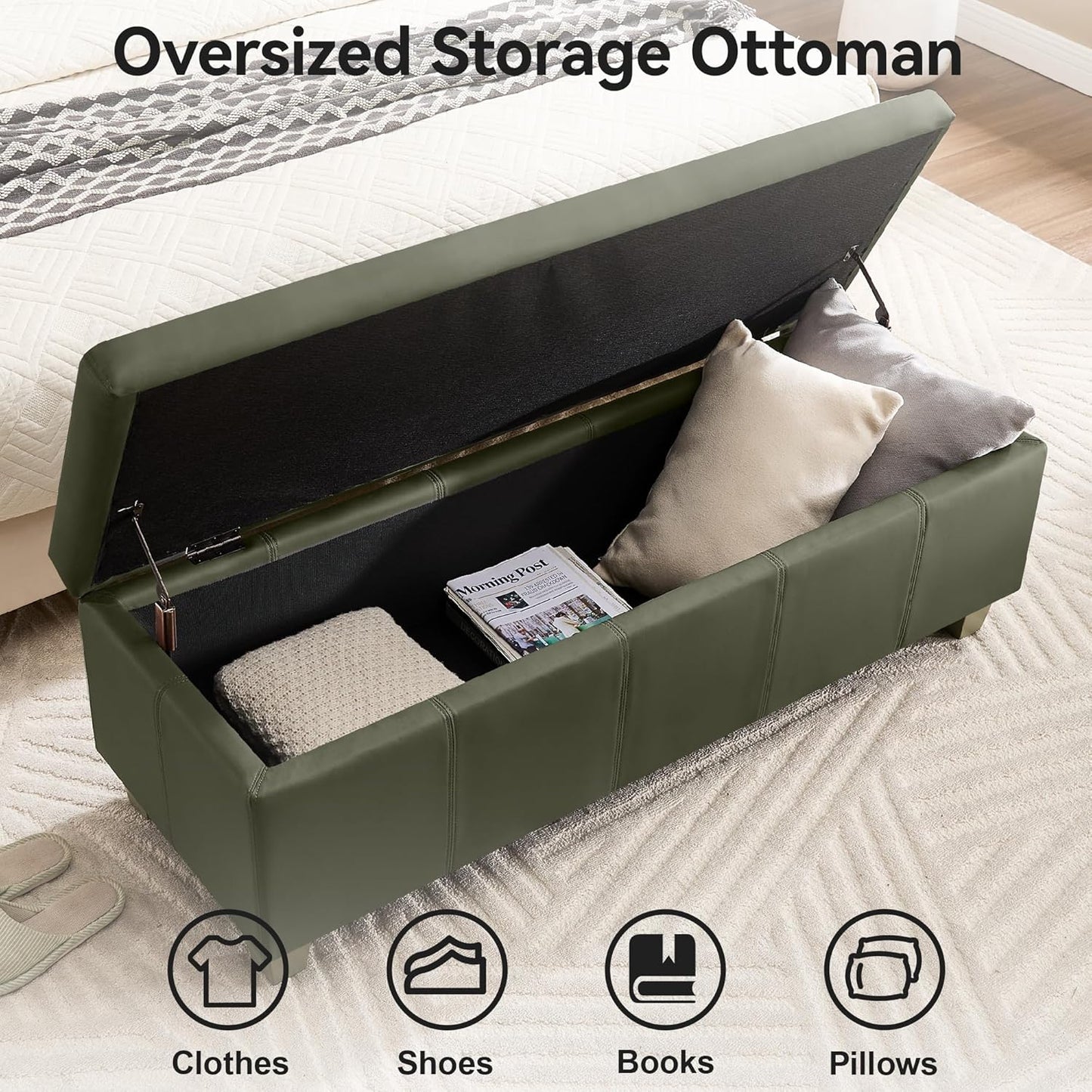 51" Faux Leather Storage Ottoman, Stitch Tufted Rectangle Upholstered End of Bed Storage Bench, Entryway Large Couch Ottoman with Wooden Legs,Green