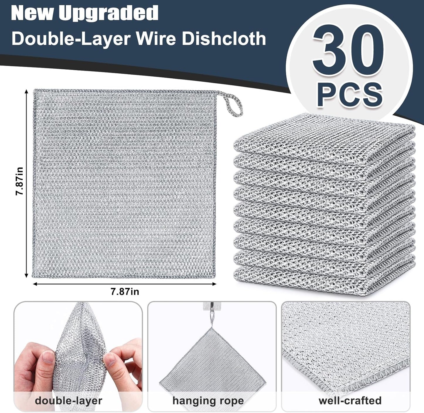 Navona 30 Pcs New Upgrade Steel Wire Dishcloth,Double-Layer Steel Wire Cleaning Cloth,Powerful Cleaning Non-Scratch Wire Dishcloth Rag for Cookware, Sinks, Dishes, Stove Tops