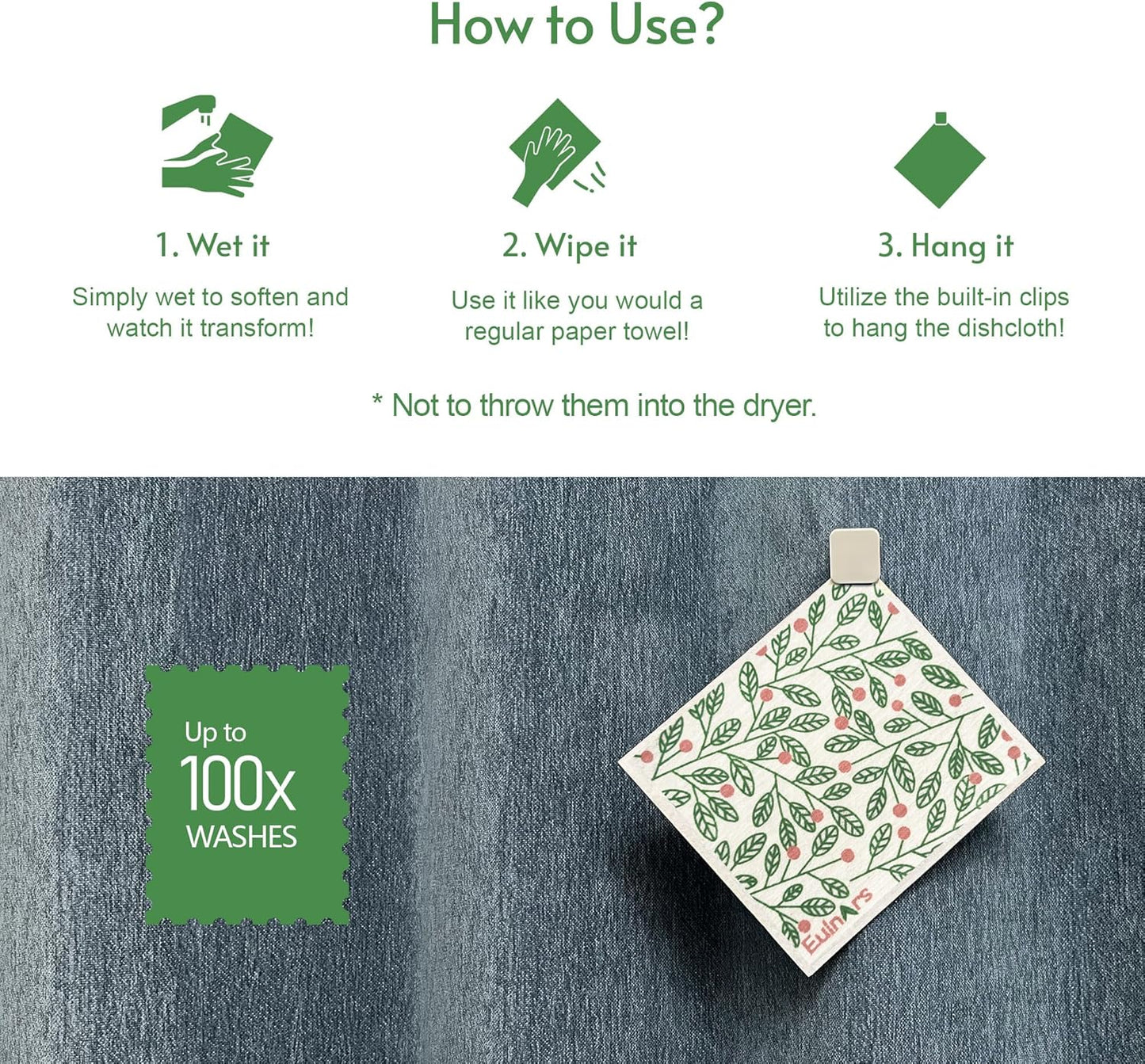 Swedish Dishcloths for Kitchen, 8 Pack Green Reusable Paper Towels with Clips, Non-Scratch Swedish Kitchen Towels, Super Absorbent Cellulose Sponge Cloths, Dishwasher Safe, No Odor