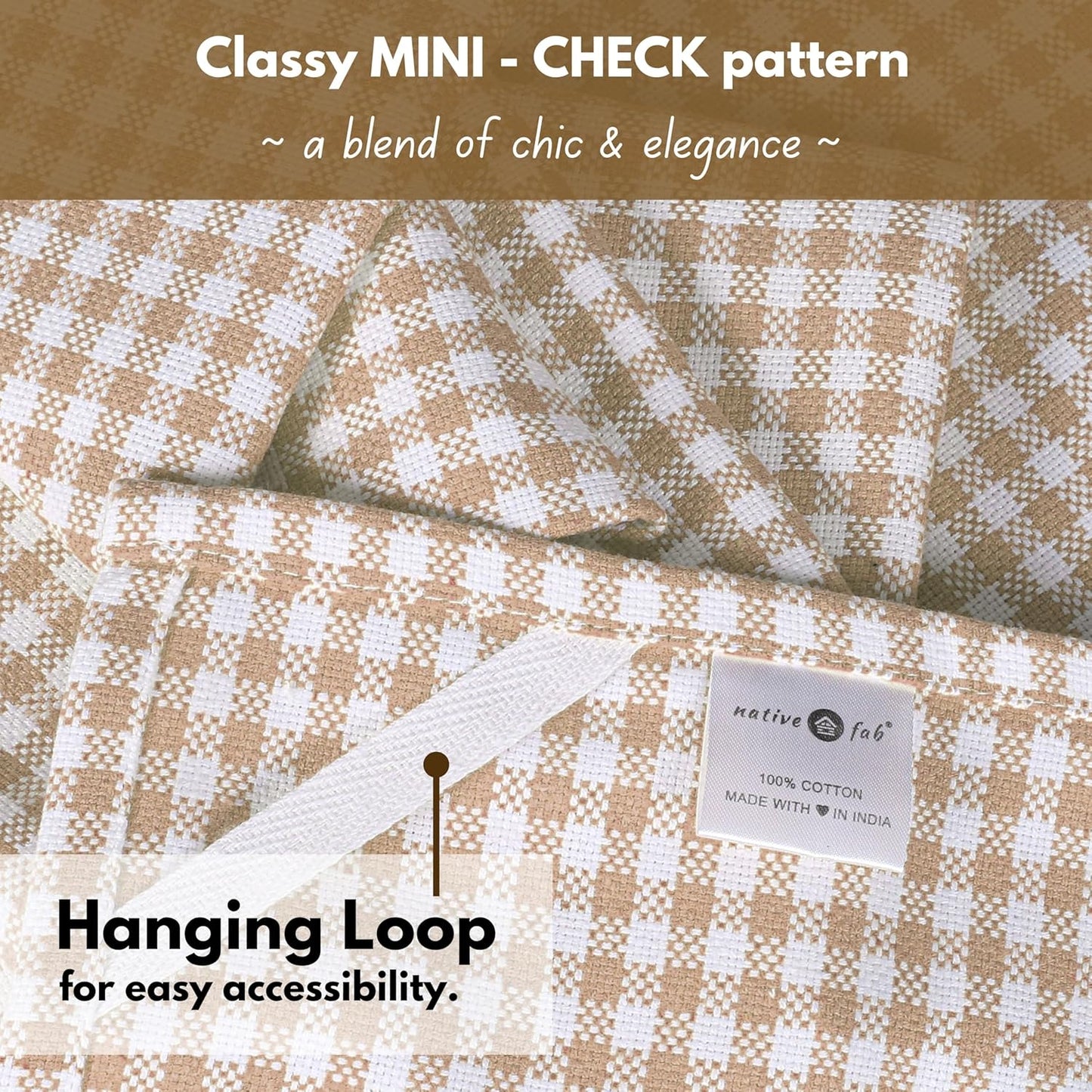 Native Fab 6 Pack Gingham Mini Check Kitchen Hand Towels Set - 100% Cotton Absorbent Reusable Washable 16"x26" - Quick Drying Dish Towels with Hanging Loops for Kitchen, Home, Bar, Beige White