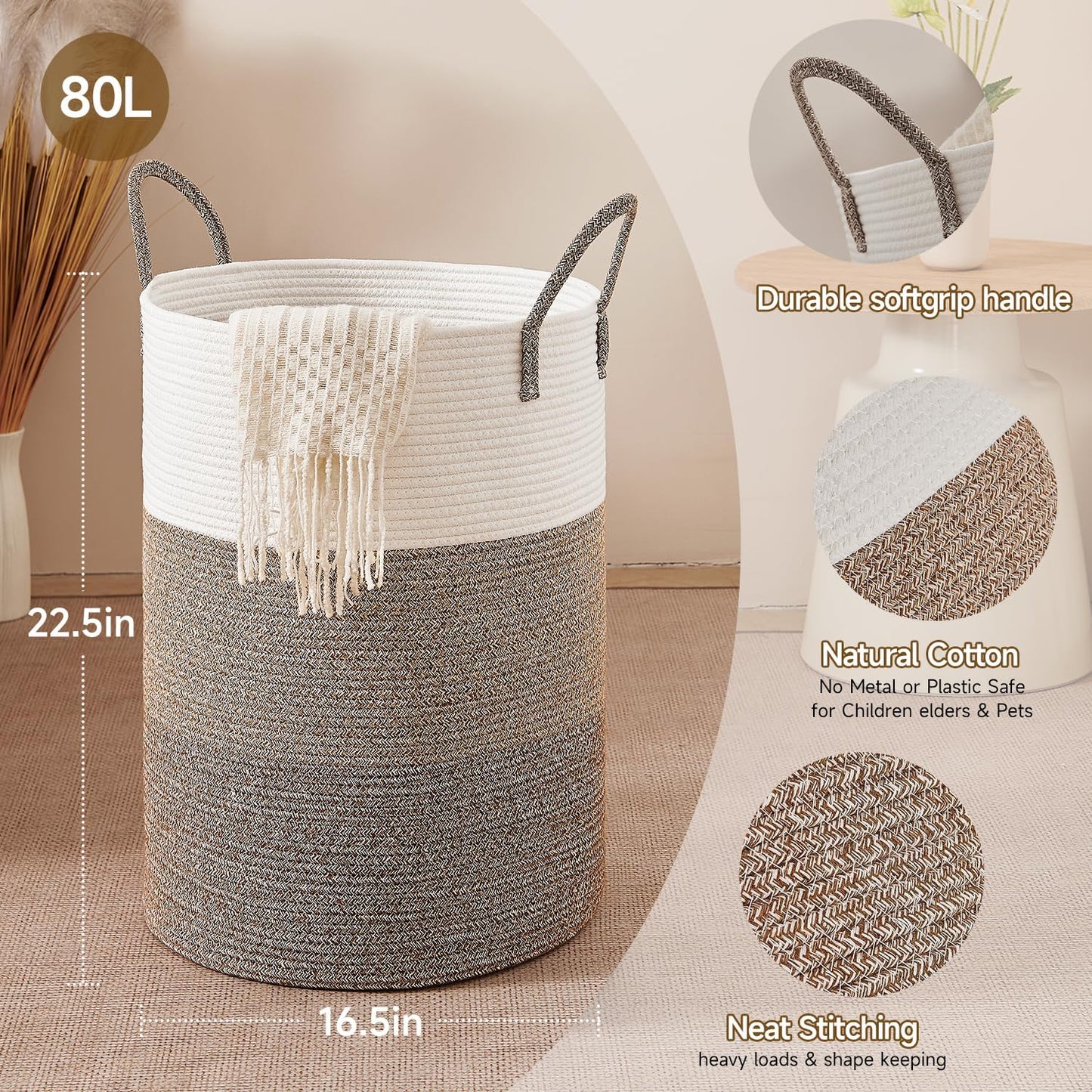 CLHMILY&Z 80L Laundry Basket Round Storage Rope Basket - 16.5x22.5 Inches - Laundry Hamper in Bedreoom and Mutil Storage Bin for Blankets, Toys, and Nursery Essentials