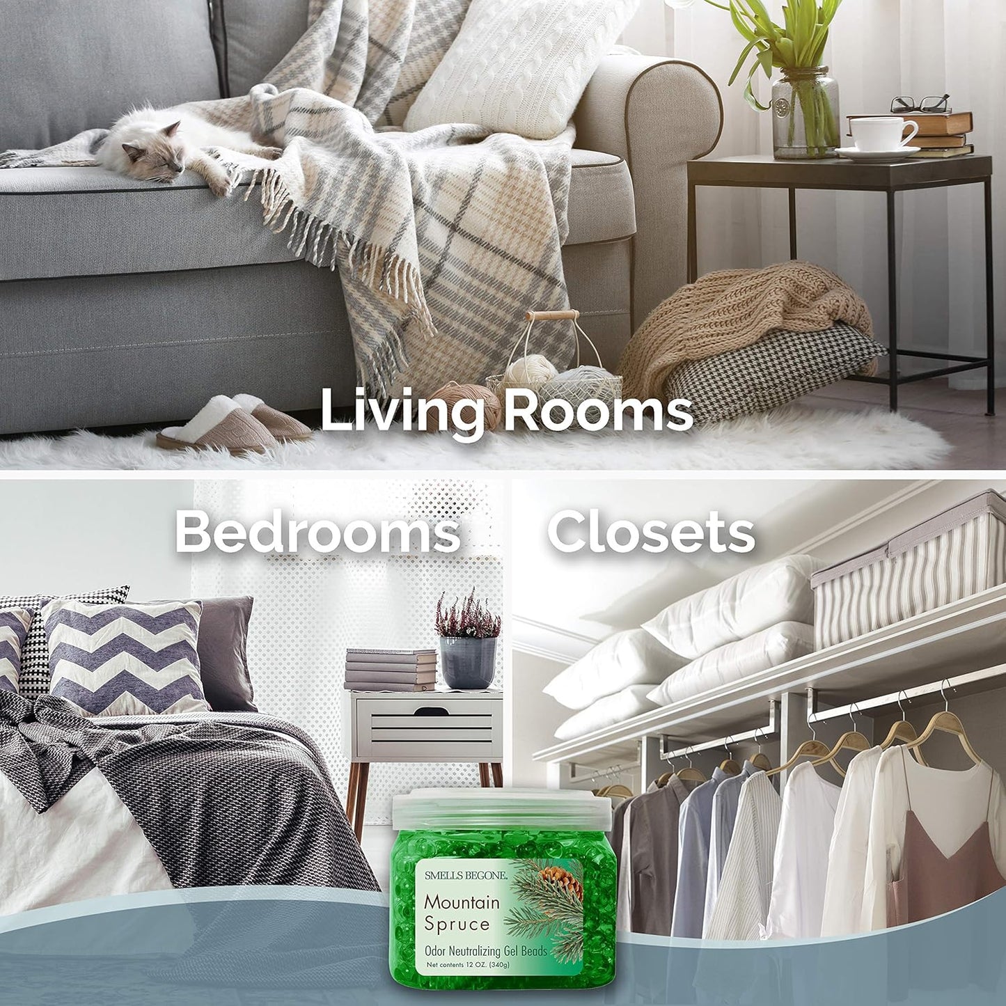 SMELLS BEGONE Odor Eliminator Gel Beads - Air Freshener - Made with Essential Oils - Eliminates Odors in Pet Areas, Bathrooms, Boats, RVs & Cars - Mountain Spruce Scent - 12 Ounce - 2 Pack