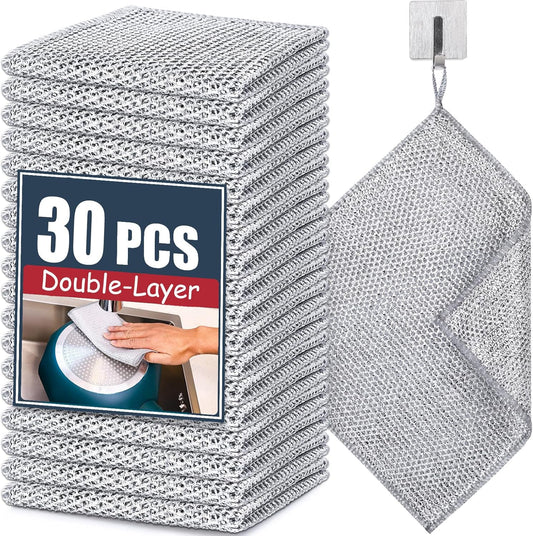 Navona 30 Pcs New Upgrade Steel Wire Dishcloth,Double-Layer Steel Wire Cleaning Cloth,Powerful Cleaning Non-Scratch Wire Dishcloth Rag for Cookware, Sinks, Dishes, Stove Tops