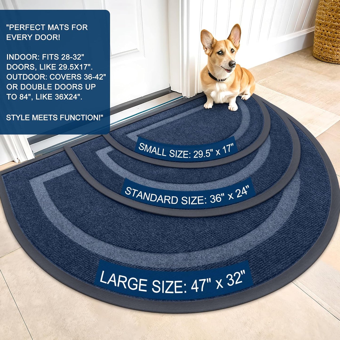 OLANLY Half Circle Door Mat Indoor Outdoor Entrance Welcome, Waterproof All-Season, All-Weather Doormat, Sturdy Natural Rubber, Low Profile, Easy Clean Patio Porch Entryway Mat, 47x23, Blue